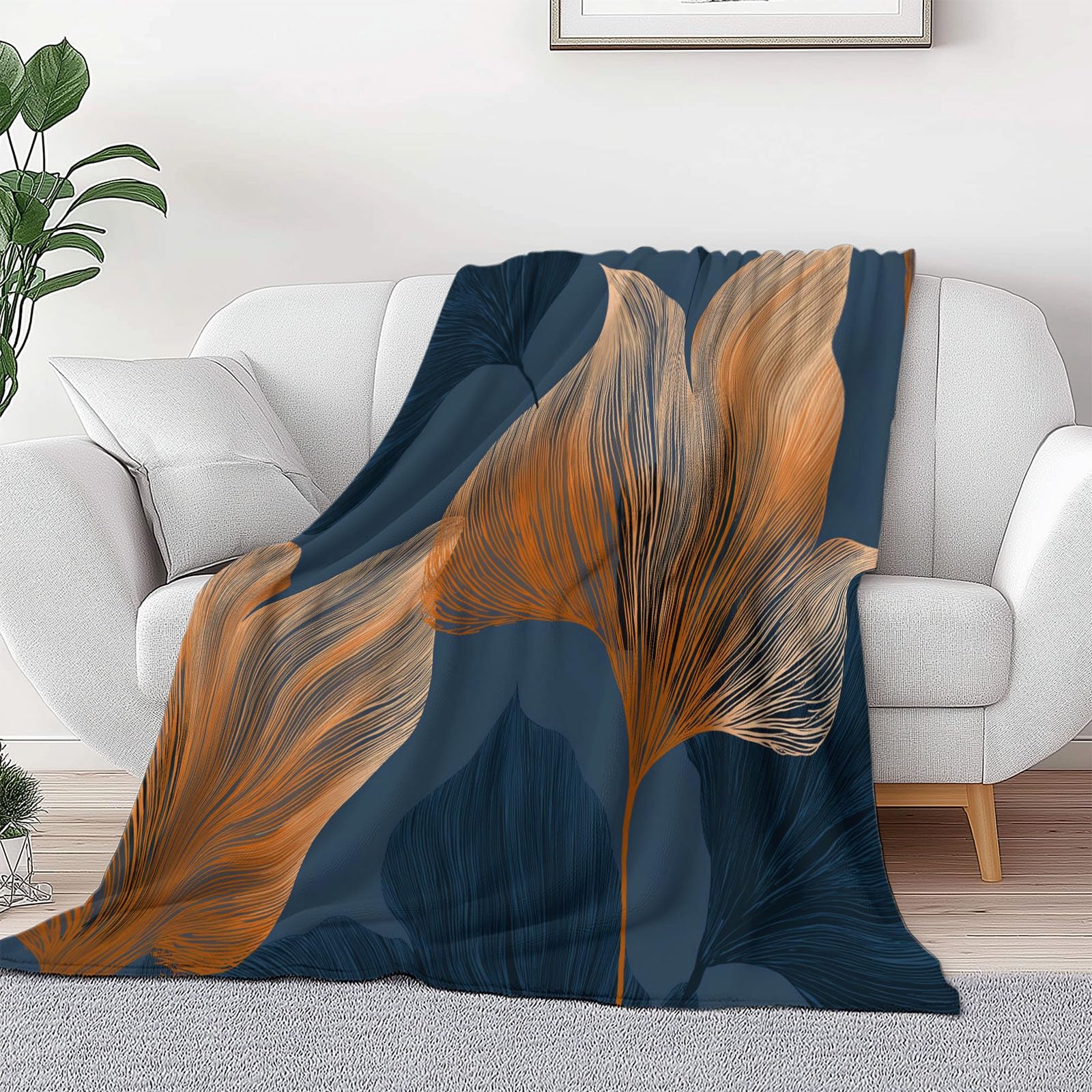 Manta Franela para Cama 220 x 240 cm, Suave Cálida Plantas Hoja Grande Rayas Manta Invierno Calentitas Transpirable Ligera Arte Moderno para Adulto Infantil Mujer Hombre