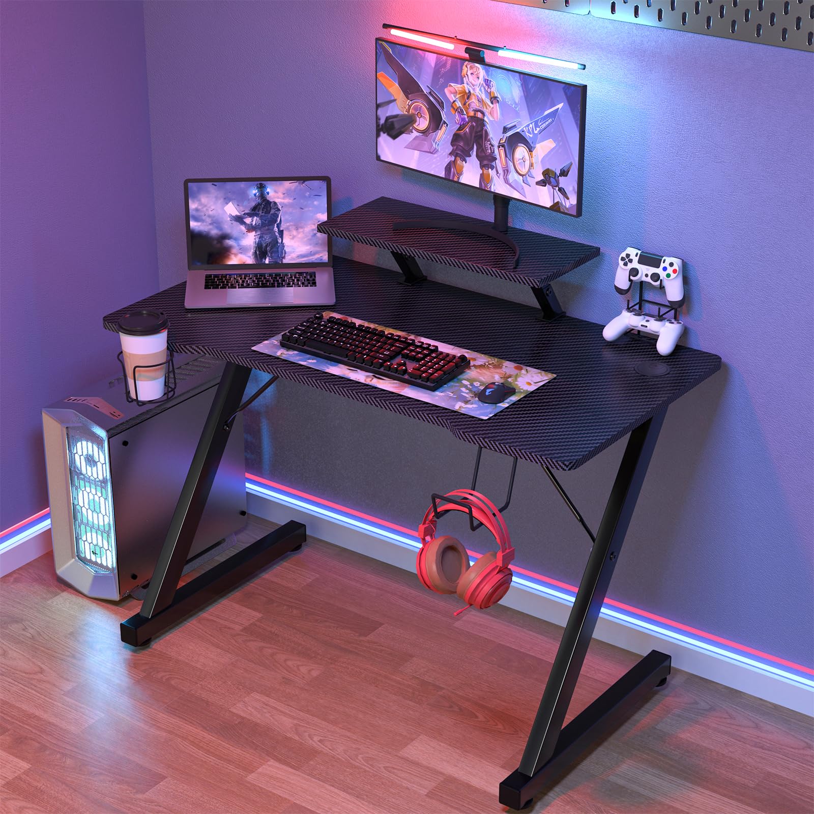 PIPIPOXER Mesa Gaming en Forma de Z 100x55x75cm, Escritorio Gaming con Soporte Monitor, Escritorio Gaming con Tablero de Fibra de Carbono, Gaming Desk para con Portavasos y Gancho para Auriculares