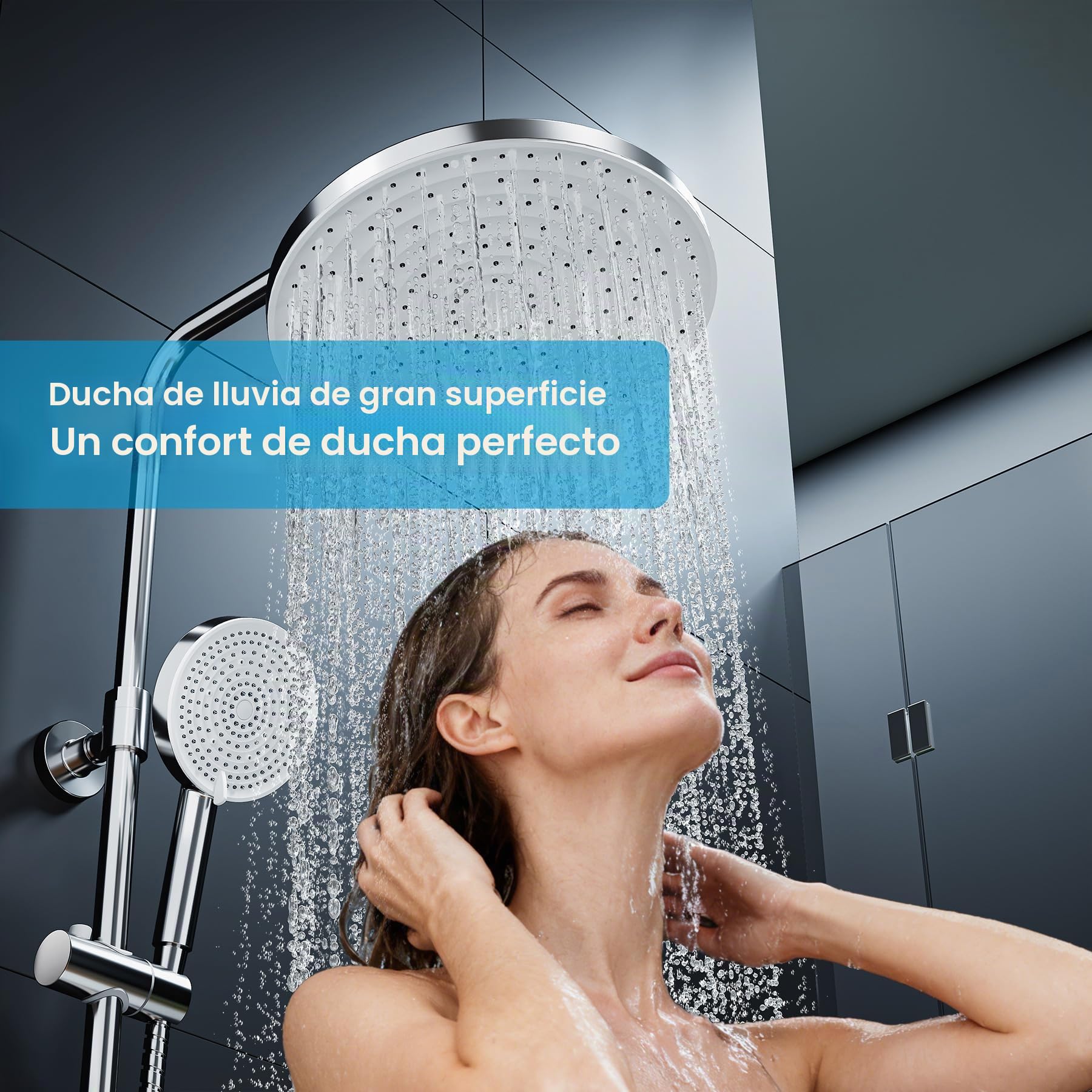 HOROW Columna de ducha termostática con altura regulable- Lluvia de Techo 30 cm + Mano 13 cm con 5 Modos, Ajustable en Altura, Acabado Cromado