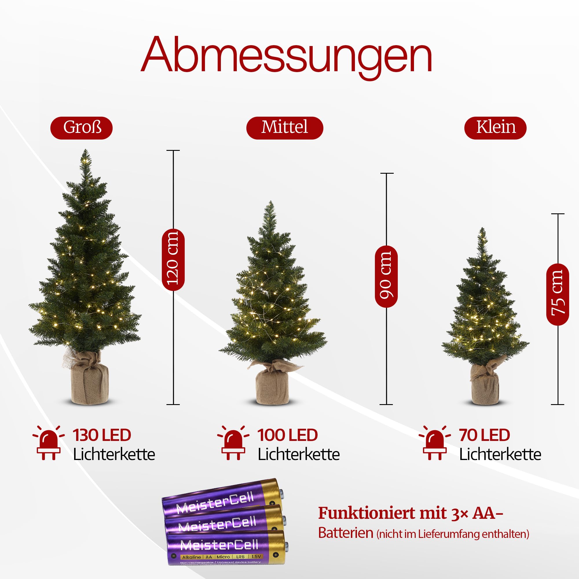 Meisterhome® 3-teiliges Set Künstlicher Weihnachtsbäume mit LED-Lichtern – Realistische Tannennadeln & Jutefuß – Höhen 75/90 / 120 cm – Langlebige & stilvolle Weihnachtsdeko