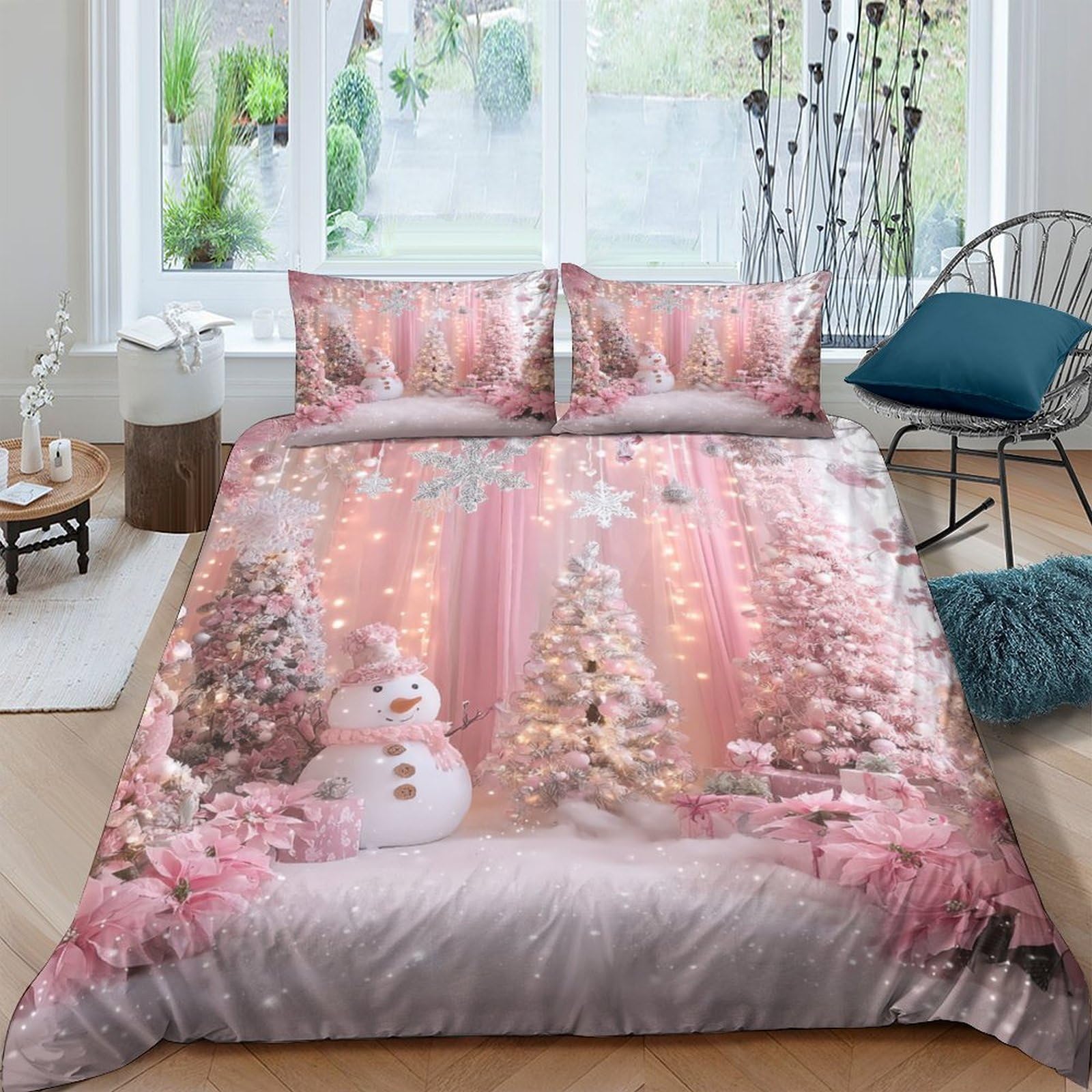 TUFRTGYHN 3D Printed Christmas Snowman Duvet Cover Pink Microfiber Soft Breathable Xmas Tree Bedding Set with 2 Pillowcases for Bedroom Decor, Single（135x200cm）
