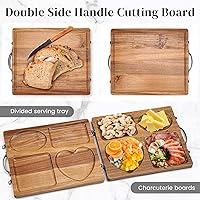 Vista 2 de Double Side Acacia Wood Serving Tray, Serving Platters and Trays, Charcuterie Boards Wooden Tray with Vintage Metal Handles, Wooden Cutting Boards