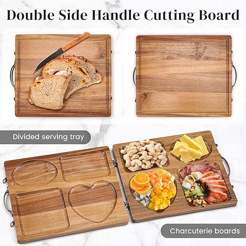 Miniatura 2 de Double Side Acacia Wood Serving Tray, Serving Platters and Trays, Charcuterie Boards Wooden Tray with Vintage Metal Handles, Wooden Cutting Boards