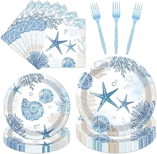 Rakuto Ocean Themed Party Decorations, 96PCS Beach Seashell Plates Napkins and Forks Set, Starfish Coral Disposable Tableware for Birthday Baby Shower Serves 24