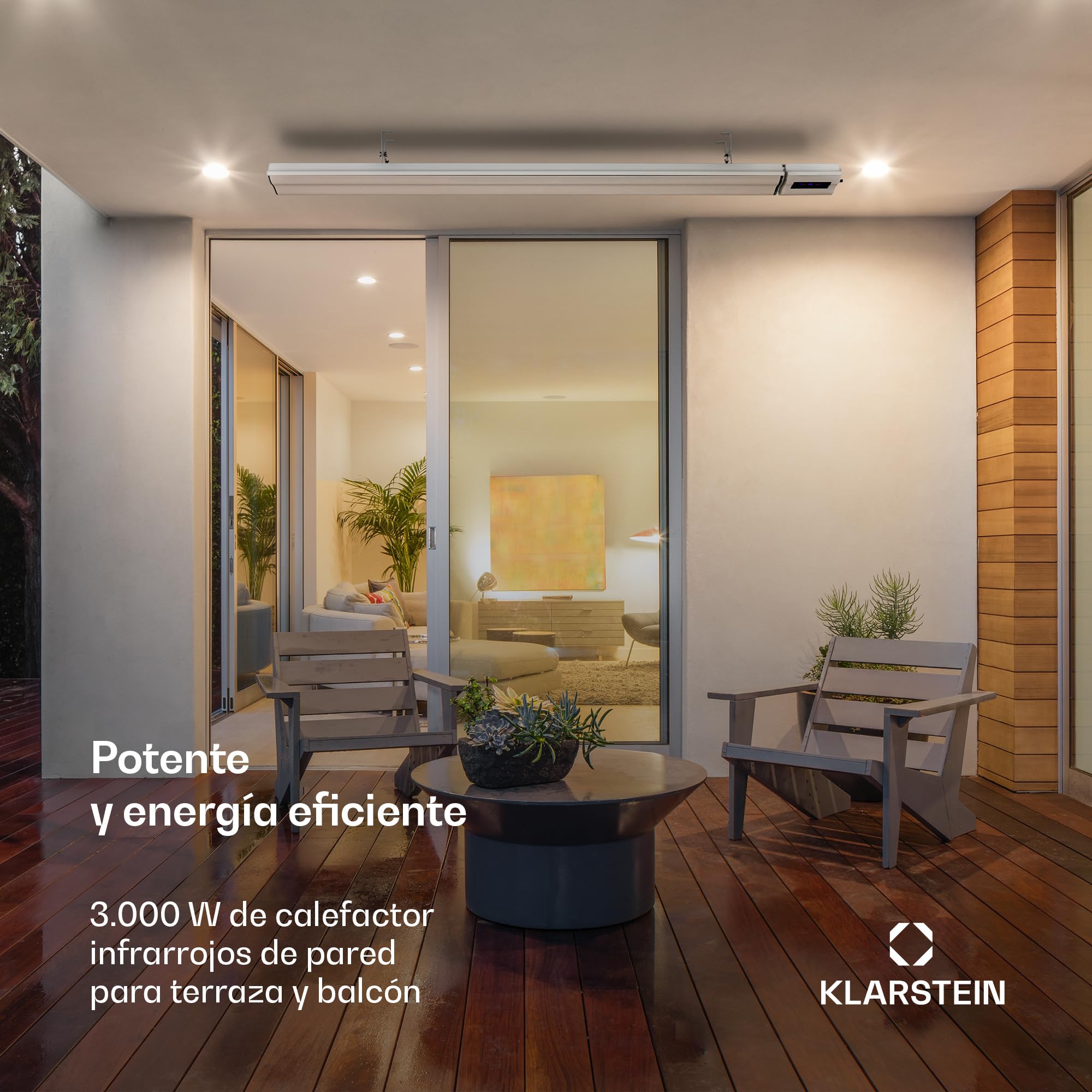 Klarstein Radiador Electrico Bajo Consumo, Calefactor para Patio o Terraza de 3000W, WiFi App, con Mando, Temporizador, LED, IP44, Calefactores Jardín, Sin CO2
