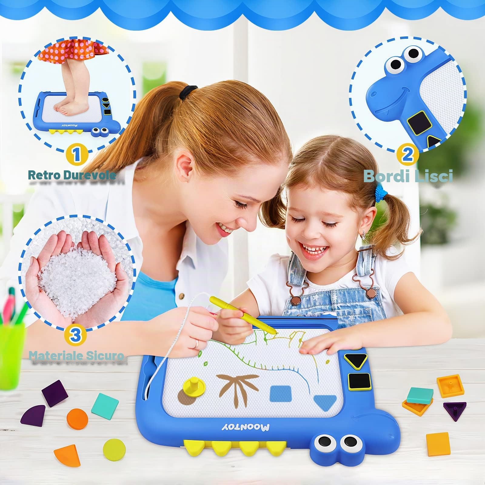 MOONTOY Lavagna Magnetica per Bambini, 2 in 1 Lavagna Magnetica Tangram Puzzle Bambinio 3 Anni, Lavagnetta Cancellabile Lavagna Magica Giochi Bambini 2 Anni, Regalo Bambino 2 3 4 5 Anni
