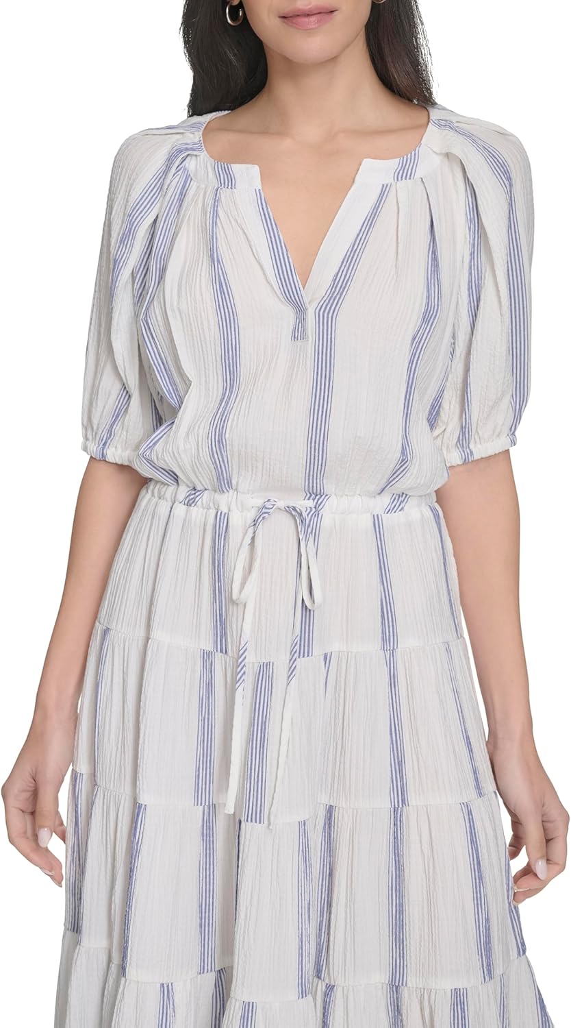 Calvin Klein Womens Short Balloon Sleeve Split Neck Tiered A-line Midi Dress - Image 2