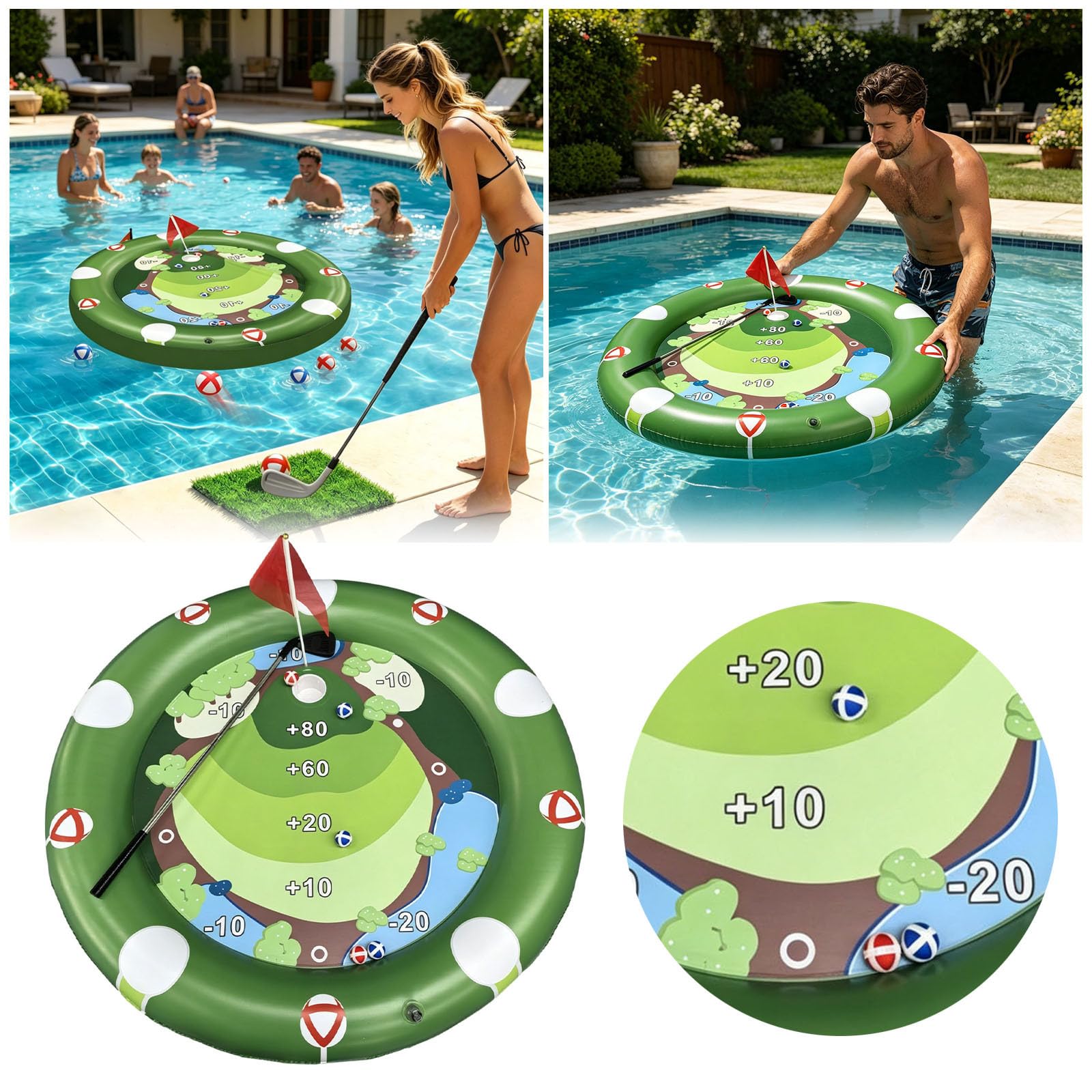Pool-Golfspiel schwimmend, aufblasbares Putting-Green Set mit Zielen, 110 cm, Sommer-Pool-Sport für Kinder & Familie, Outdoor Schwimmbad Spiel