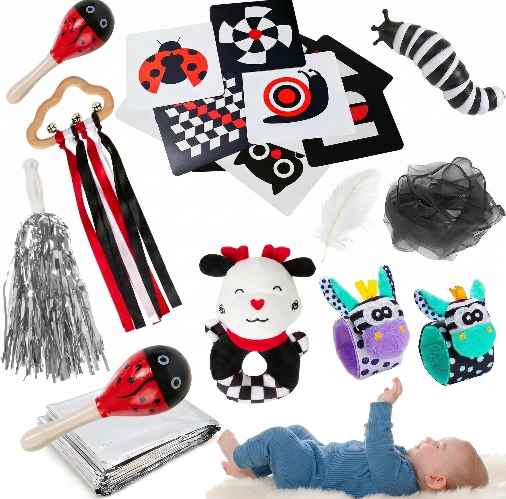 11-Piece Baby Sensory Toys Set, High Contrast Black and White Flash Cards, Early Development Newborn Sensory Box with Wrist Rattles & Foil Blanket, Gifts for Boys Girls 0 3 6 9 12 Months