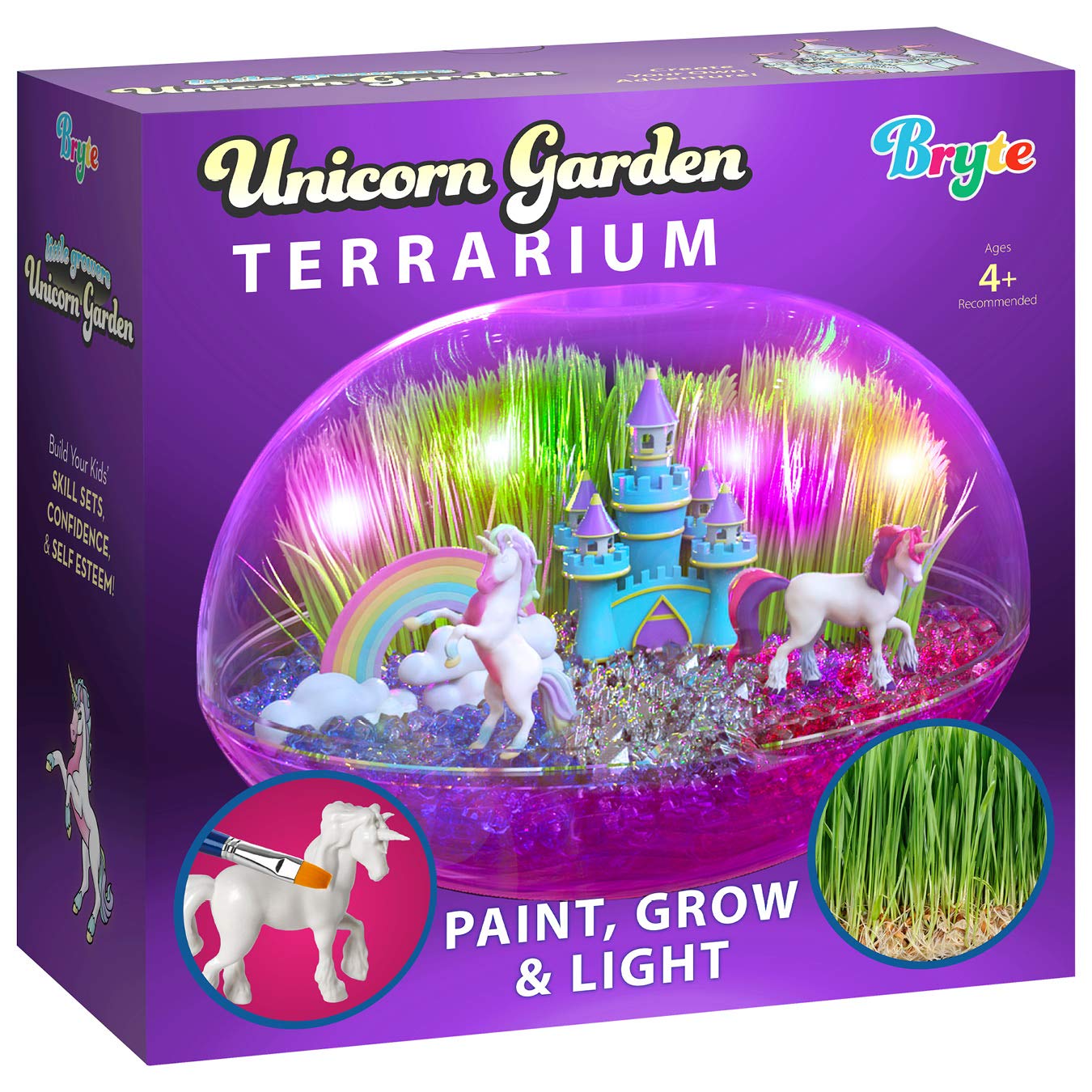 Bryte Unicorn Terrarium Kit for Kids: Fairy Lights & Paintable Figurines, Seeds, Soil & More - Unicorns Gifts for Girls – Science, Arts & Crafts, STEM Activities for Kids - Boys & Girls Toys Ages 4-10