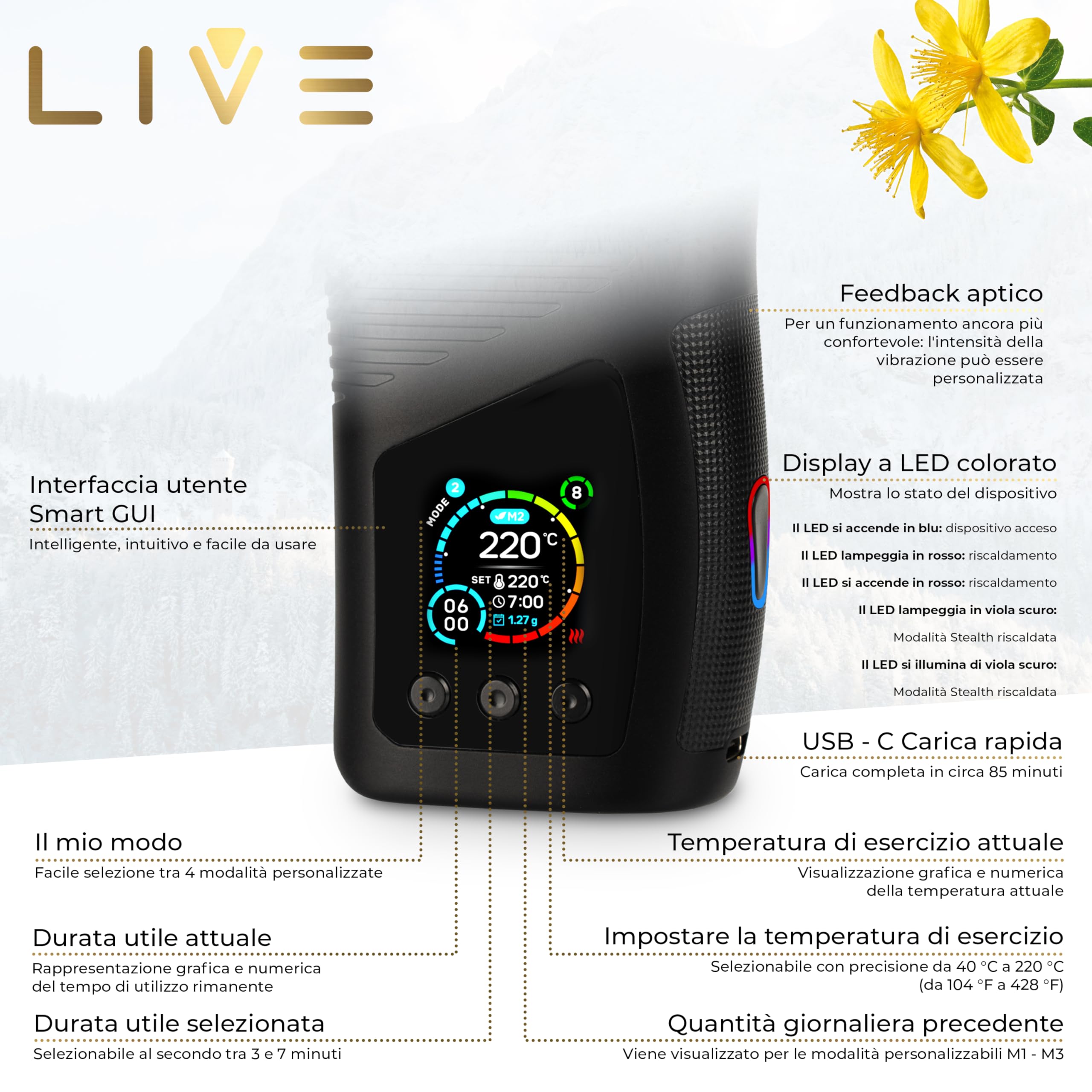 WOLKENKRAFT LIVE Vaporizzatore Premium | Elemento riscaldante ad alte prestazioni con ibrido convezione | Sistema di raffreddamento COOLSCREEN | Materiali di alta qualità | Temperatura 40-220 °C