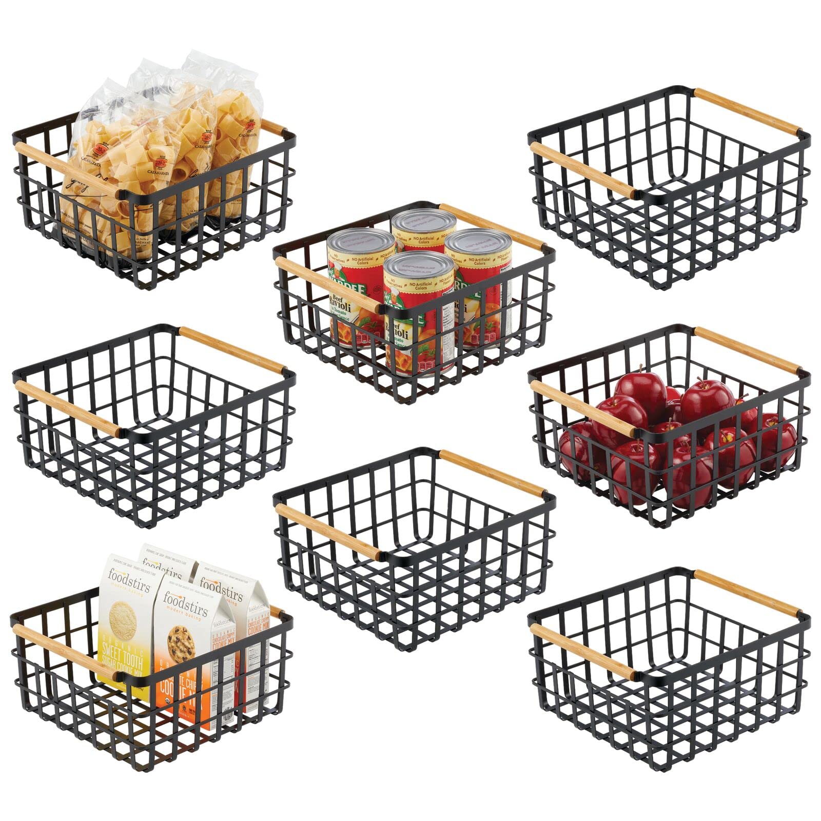 mDesign Metal Wire Storage Organizer Basket with Bamboo Wood Handles for Kitchen Pantry, Rustic Farmhouse Bin to Store Fruit, Coffee, Spices, Supplies, Yami Collection, 8 Pack, Matte Black/Natural/Tan