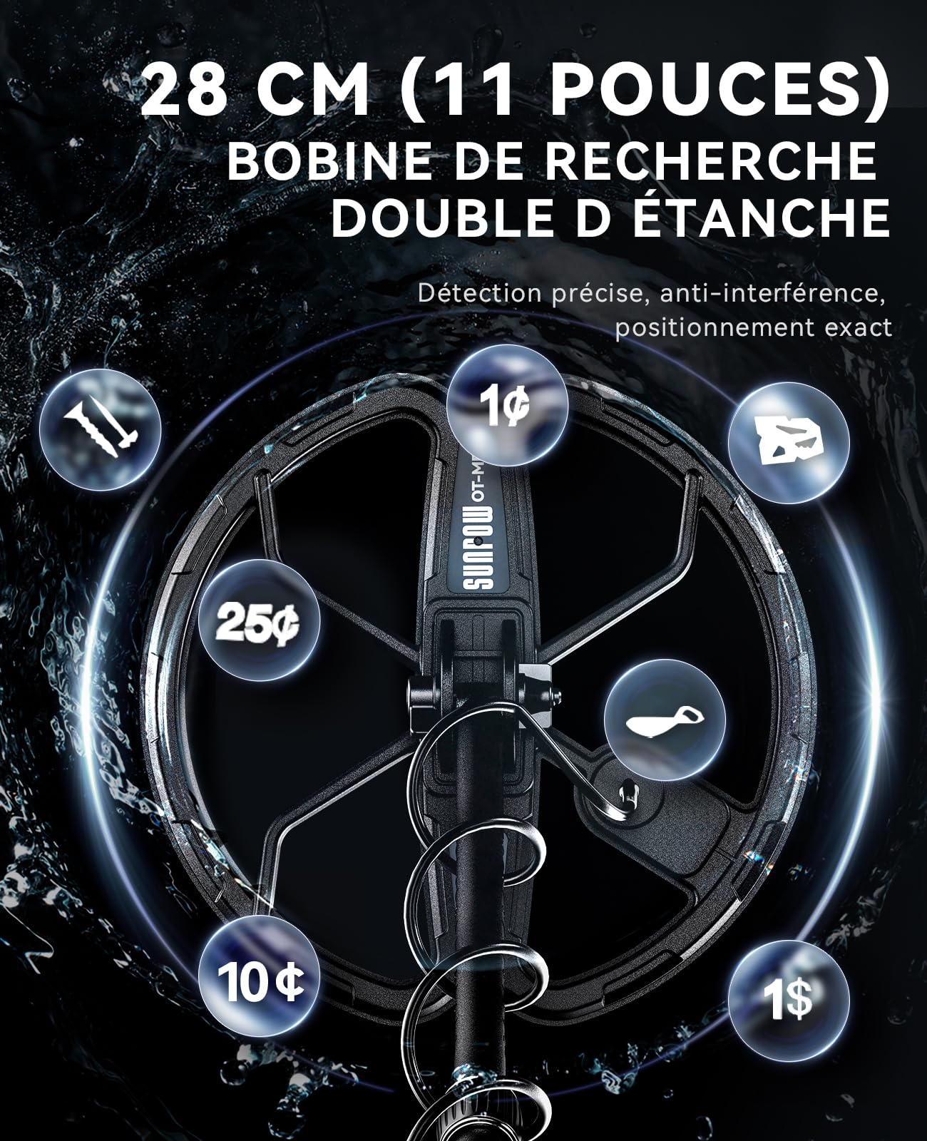 SUNPOW Détecteur de Métaux - Bobine Double D de 28 cm, Batterie au Lithium 35h, 10 Niveaux de Sensibilité, 4 Modes de Recherche, Rechargeable,7 Identifications de métaux, étanche IP68