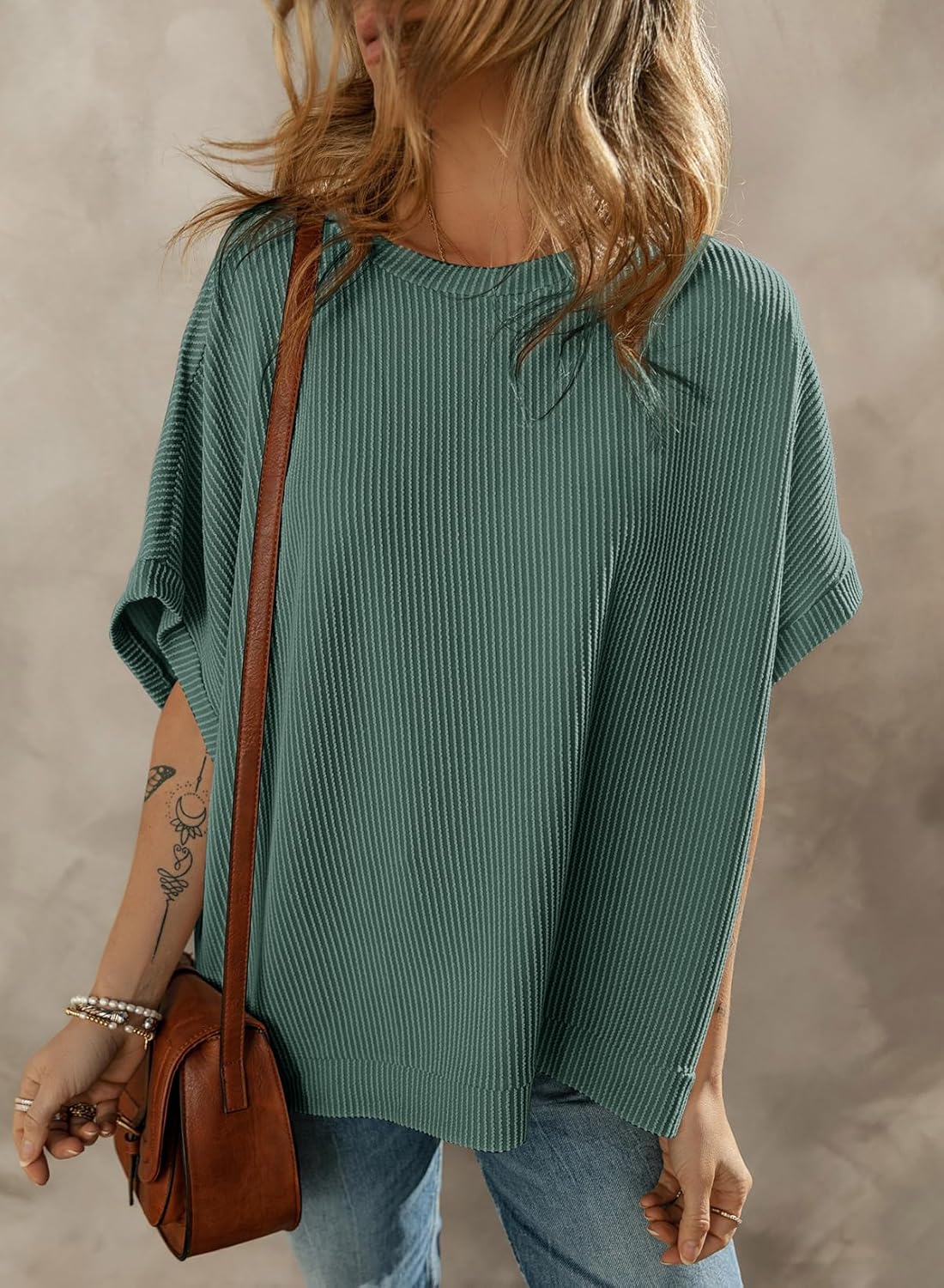 Dokotoo Women's Casual Oversized Short Sleeve Solid Color Loose Texture Knit Tunic Tops Blouses - Image 4