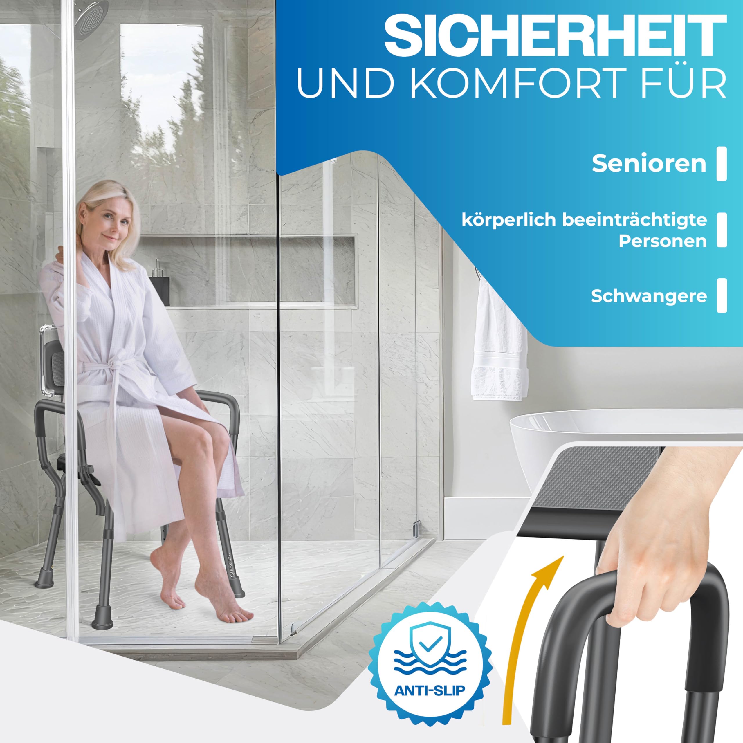 KESSER Taburete de ducha con respaldo para personas mayores y embarazadas, asiento de ducha, 150 kg, soporta 6 niveles, altura regulable 38-54 cm, ayuda para la ducha