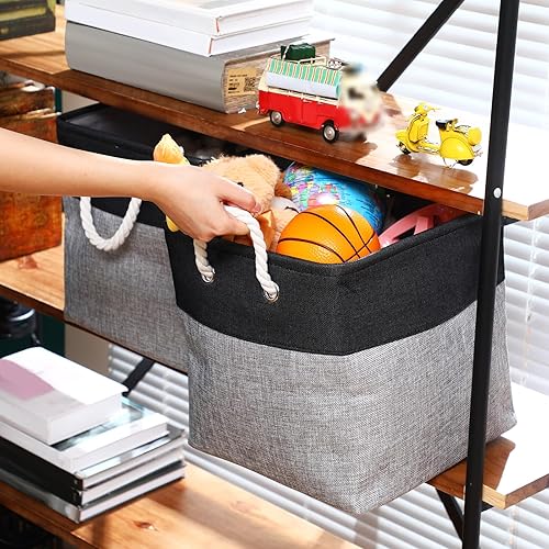Vista 79 de meekoo Paquete de 8 contenedores plegables de almacenamiento de tela, cestas de tela de poliéster con asas, organizador de armario de lino para Gris