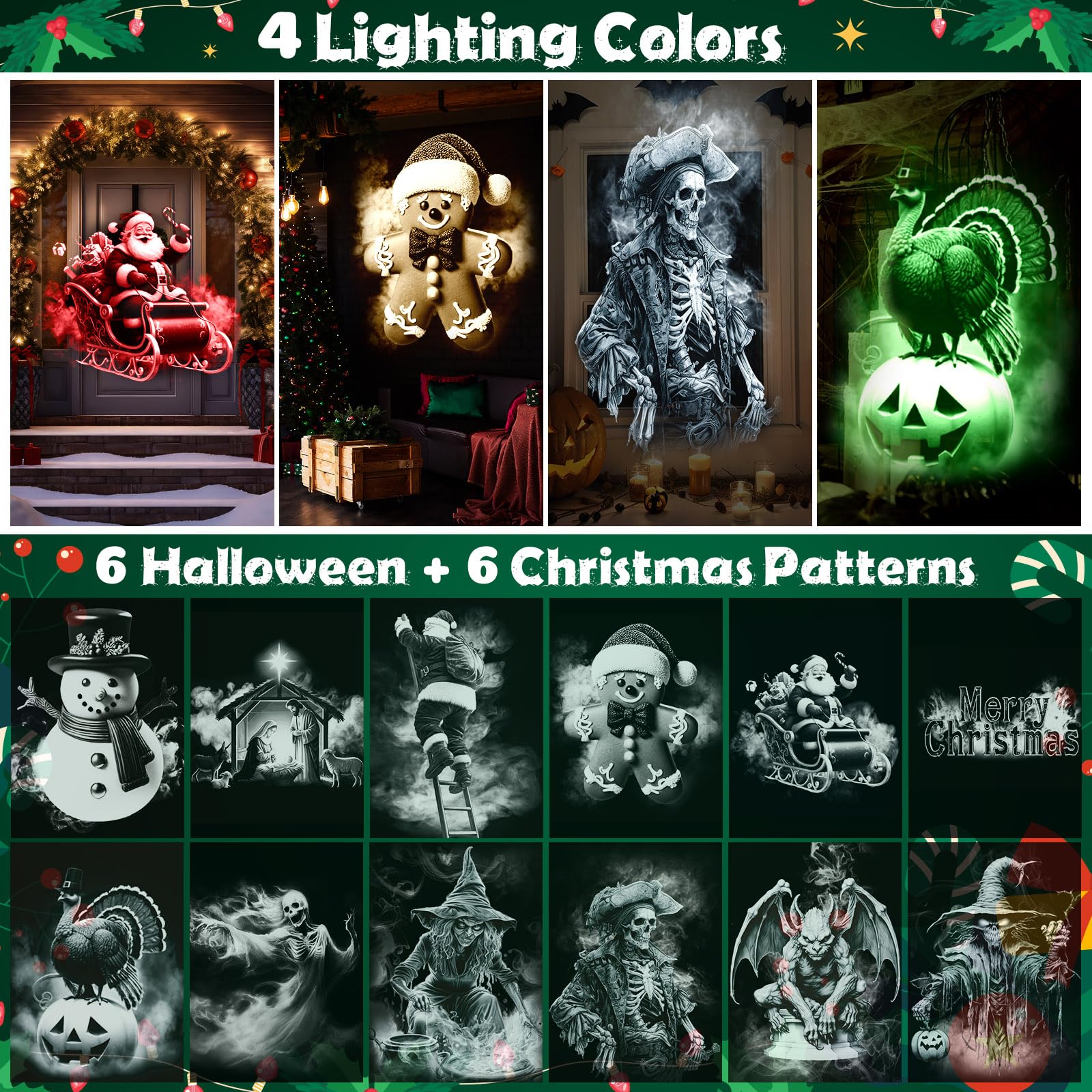 Weewooday Weihnachts & Halloween Projektorlicht 2025 mit Fernbedienung, 12 HD 3D-Filmen, 4-Farb-Modi, IP45 wasserdicht, für Innen & Außen, Garten, Fenster, Party Deko