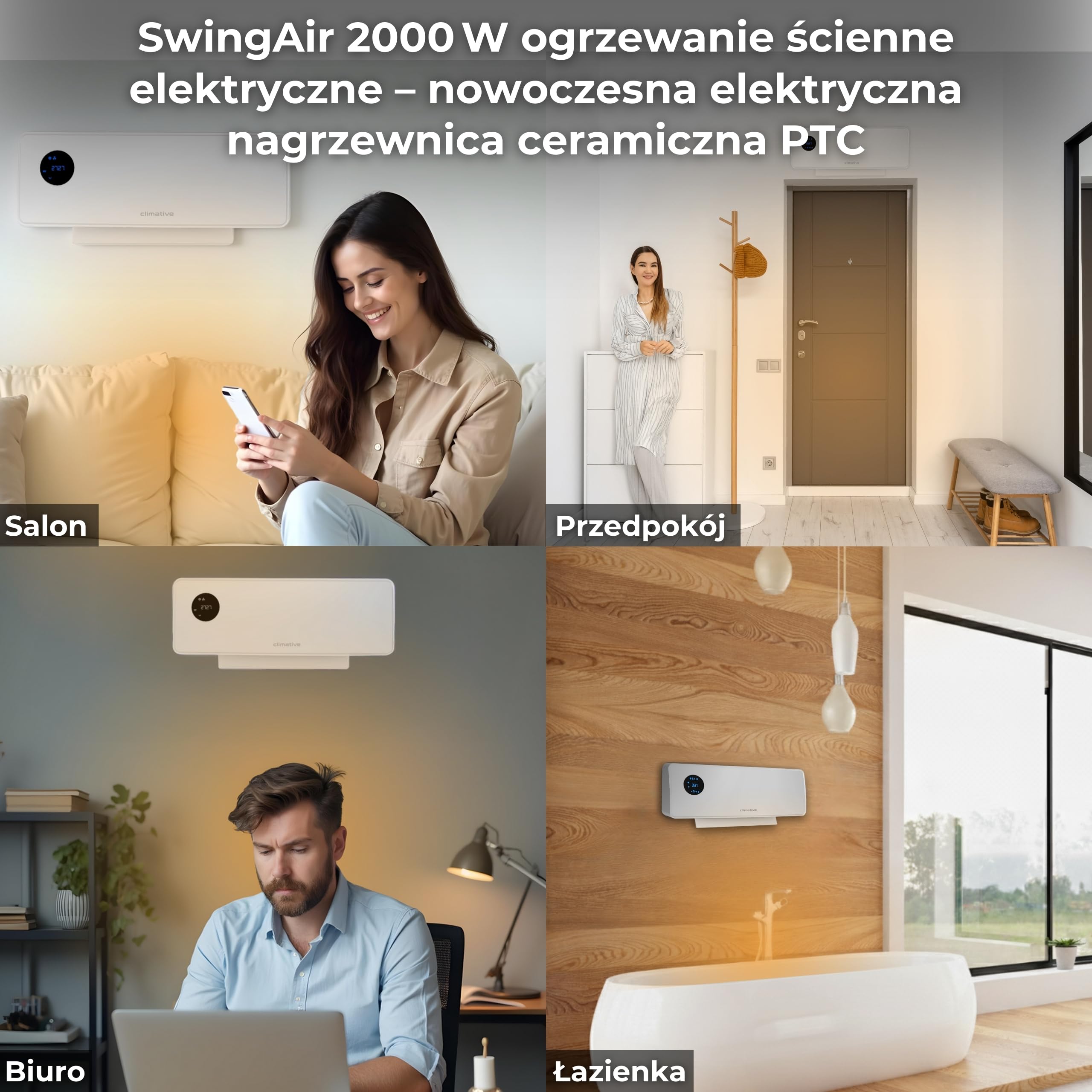 SwingAir 2000W biały wentylator ścienny – elektryczna ceram. nagrzewnica z oscylacją, LED, timer 24h, grzejnik łazienkowy, ścienna ogrzewnica
