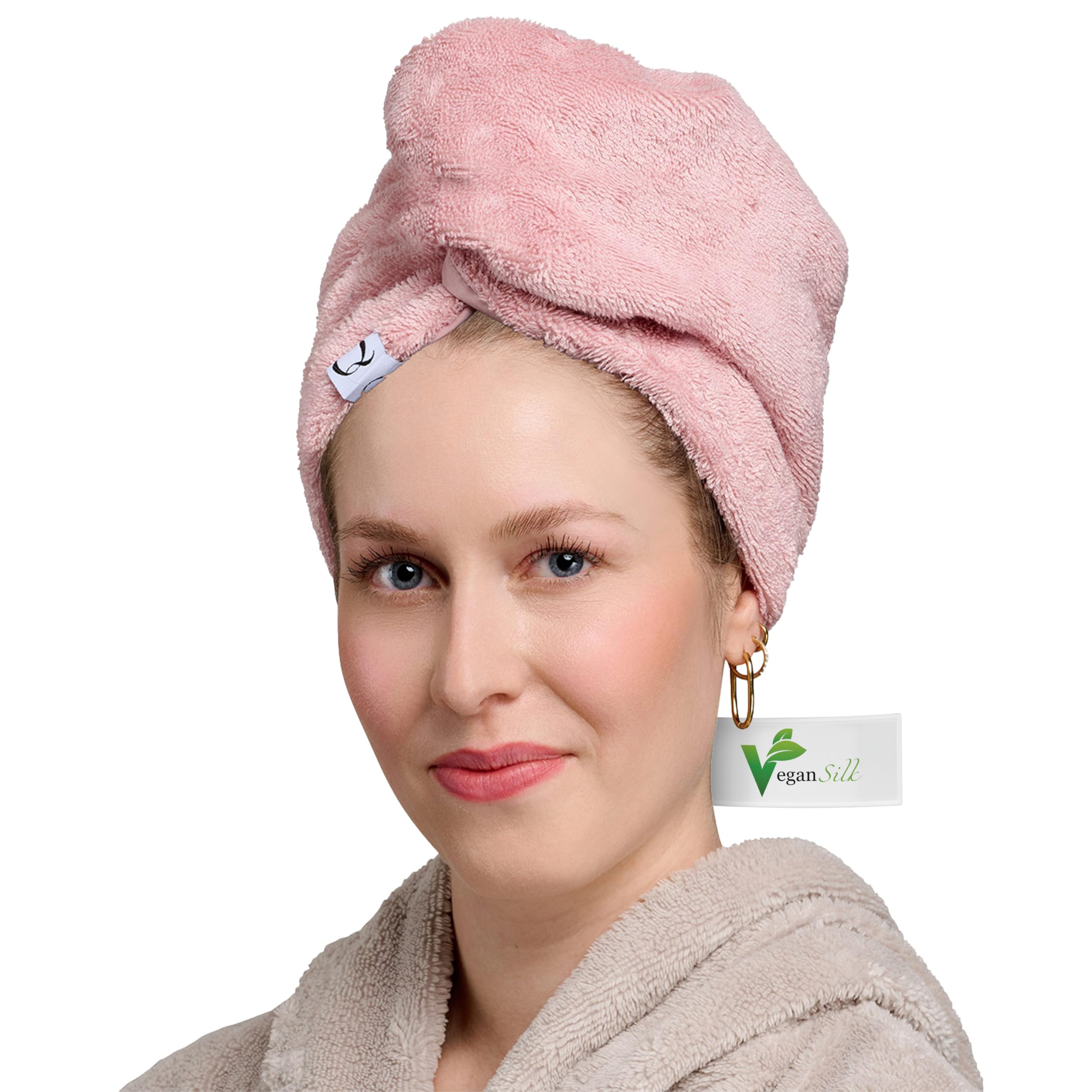 Haarturban I Turban Handtuch mit Knopf & Gummiloop I Handtuchturban mit veganer Seide & Baumwolle I Haarhandtuch - Ideal für lange Haare, Locken & Mehr I Kopfhandtuch mit Knopf | Hair Towel