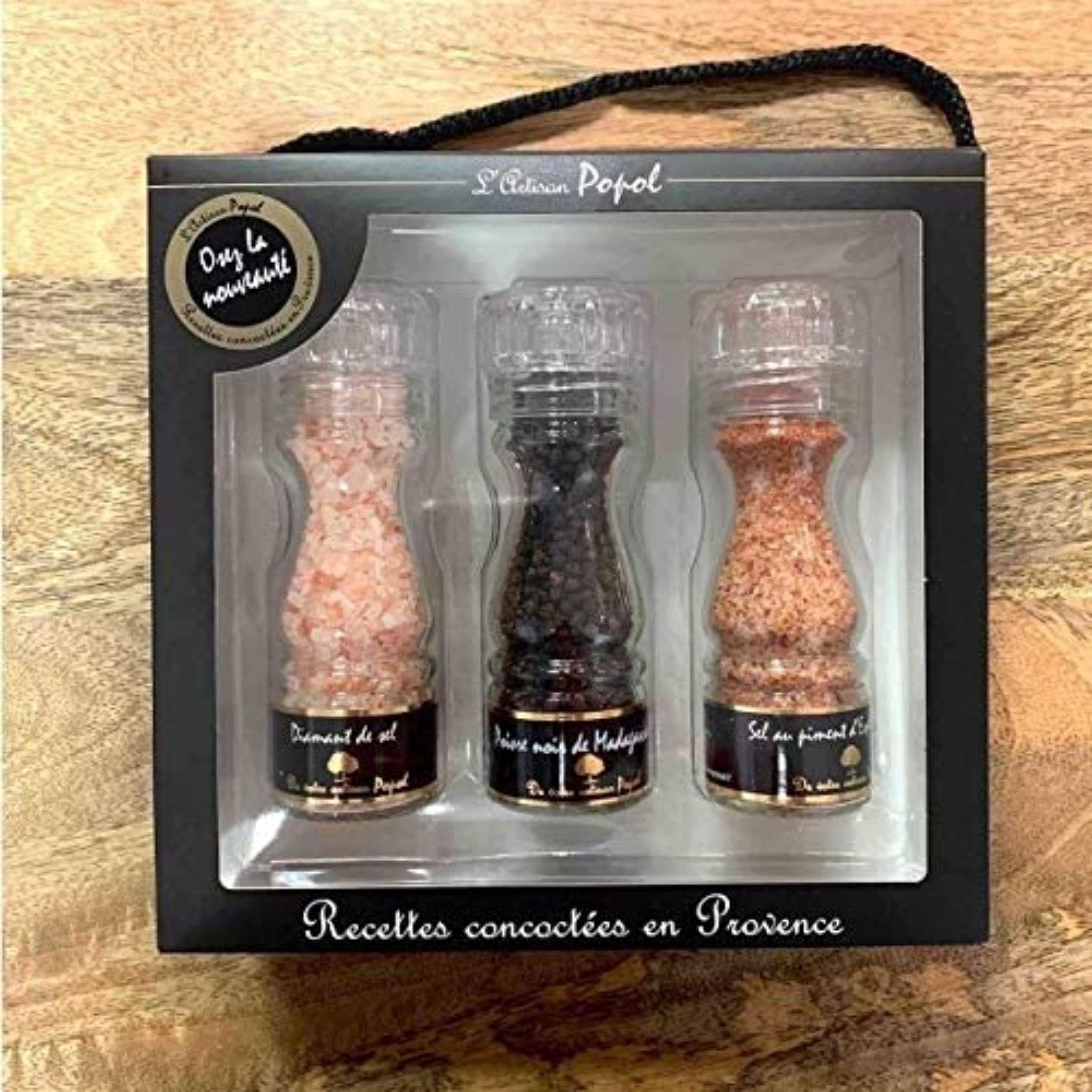 Popol Coffret Sels Et Poivres - Moulins Pour Un Assaisonnement Parfait | Sel Rose De L'Himalaya Poivre Noir Sarawak Au Piment D'Espelette Le Cadeau Idéal , 3 Unité (Lot 1)
