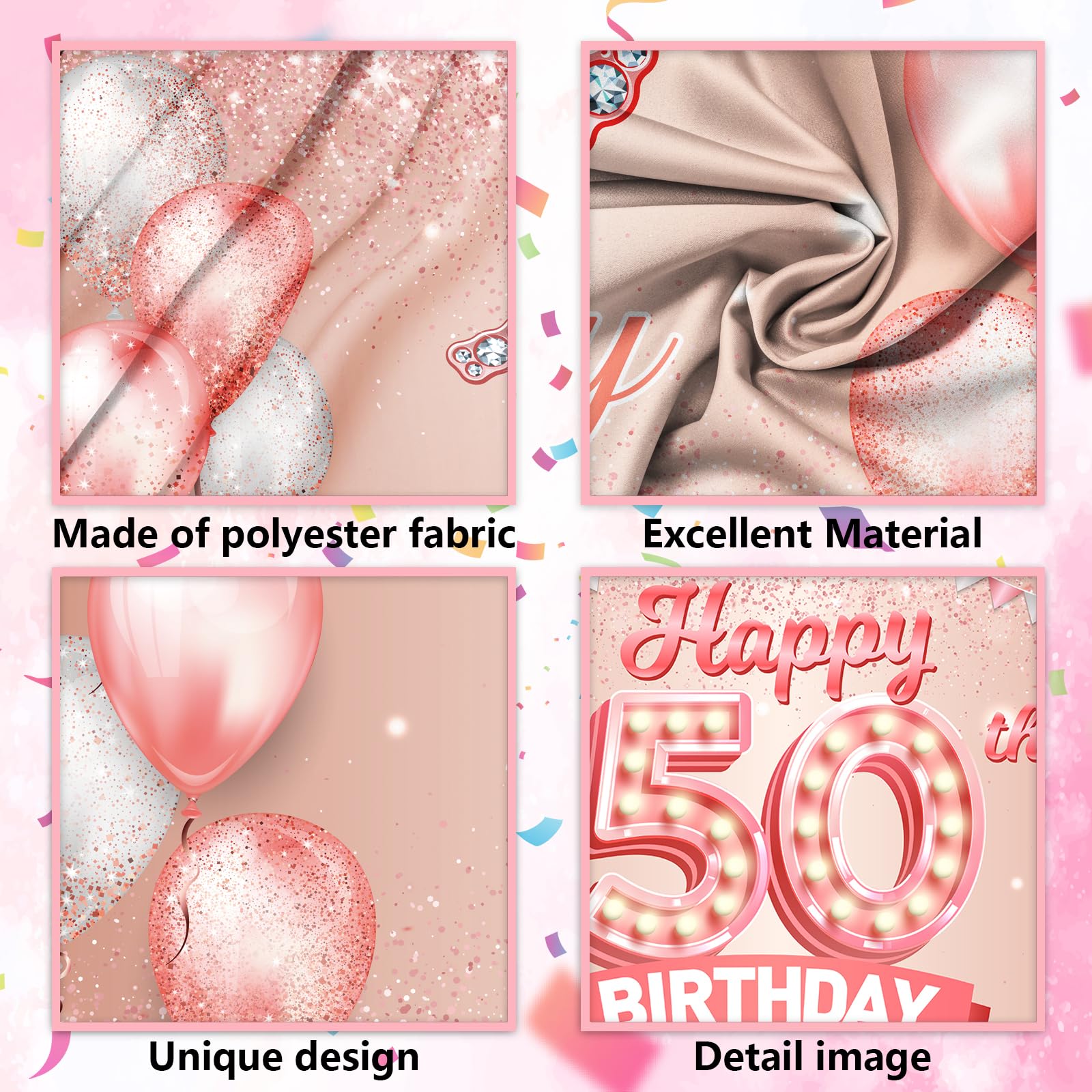 Happy 50th Birthday Banner 6x3.6ft - Pink & Gold Sign For Women's 50th Party Decor, Polyester Backdrop - View #8