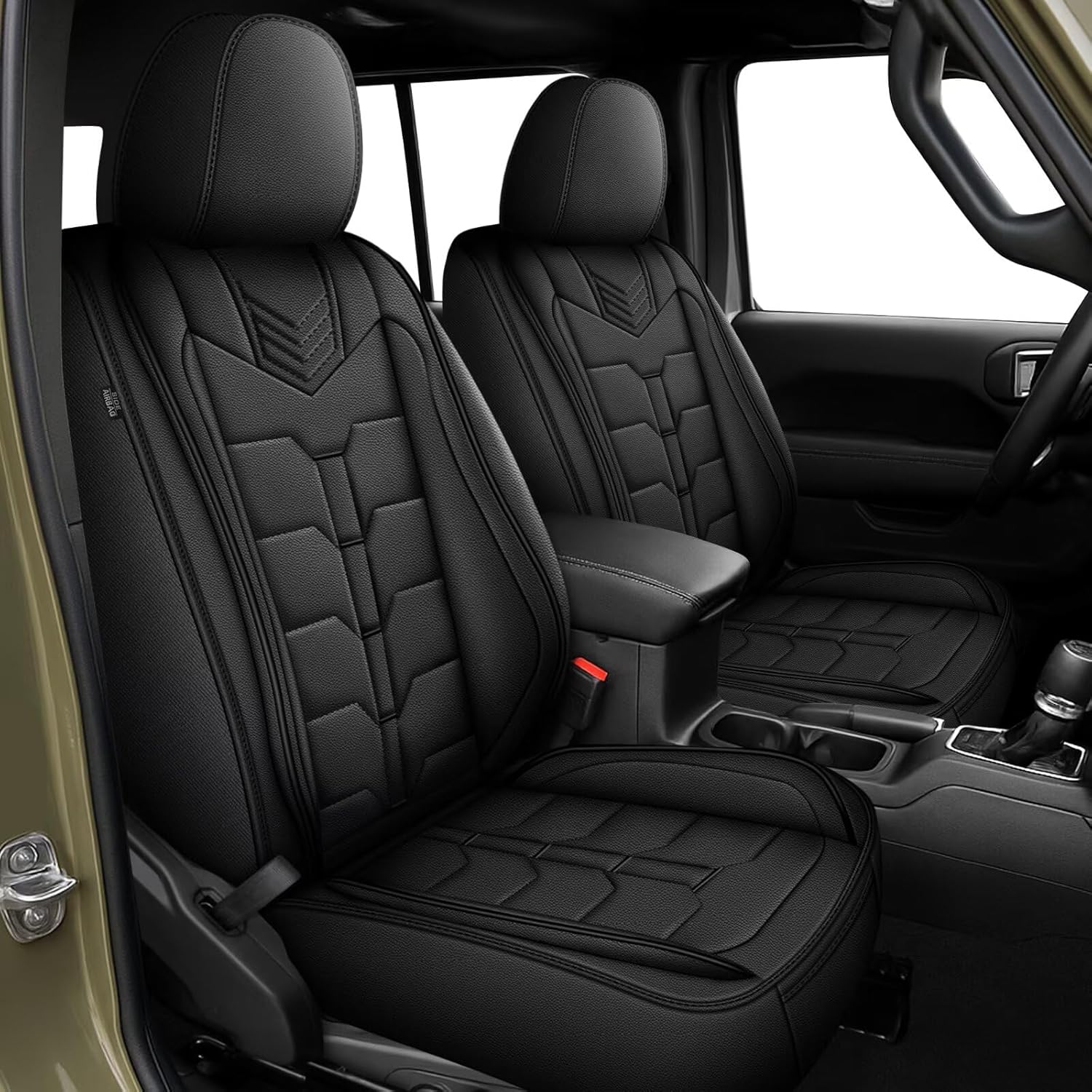 YORKNEIC Seat Covers for Jeep Wrangler JK JL 4XE 2003-2025 Waterproof Leather Car Seat Covers Custom Wrangler 2/4-Door Seat Cushion Protecto & Airbag Compatible(2 Seats Front Set,W/O Rear Cup Holder) Black-front seat covers Wrangler JL-Center rear headres
