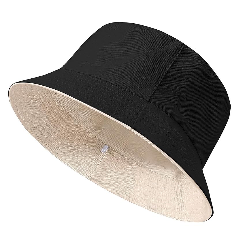 Xnova Cappello Pescatore da Sole Unisex, Moda Reversibile Bucket Hat da Pesca Portatile e Pieghevole Cotone, Leggero UV Protezione Cappellino a Secchiello Estivo Donna Uomo (Nero-Beige, XL:62-64cm)