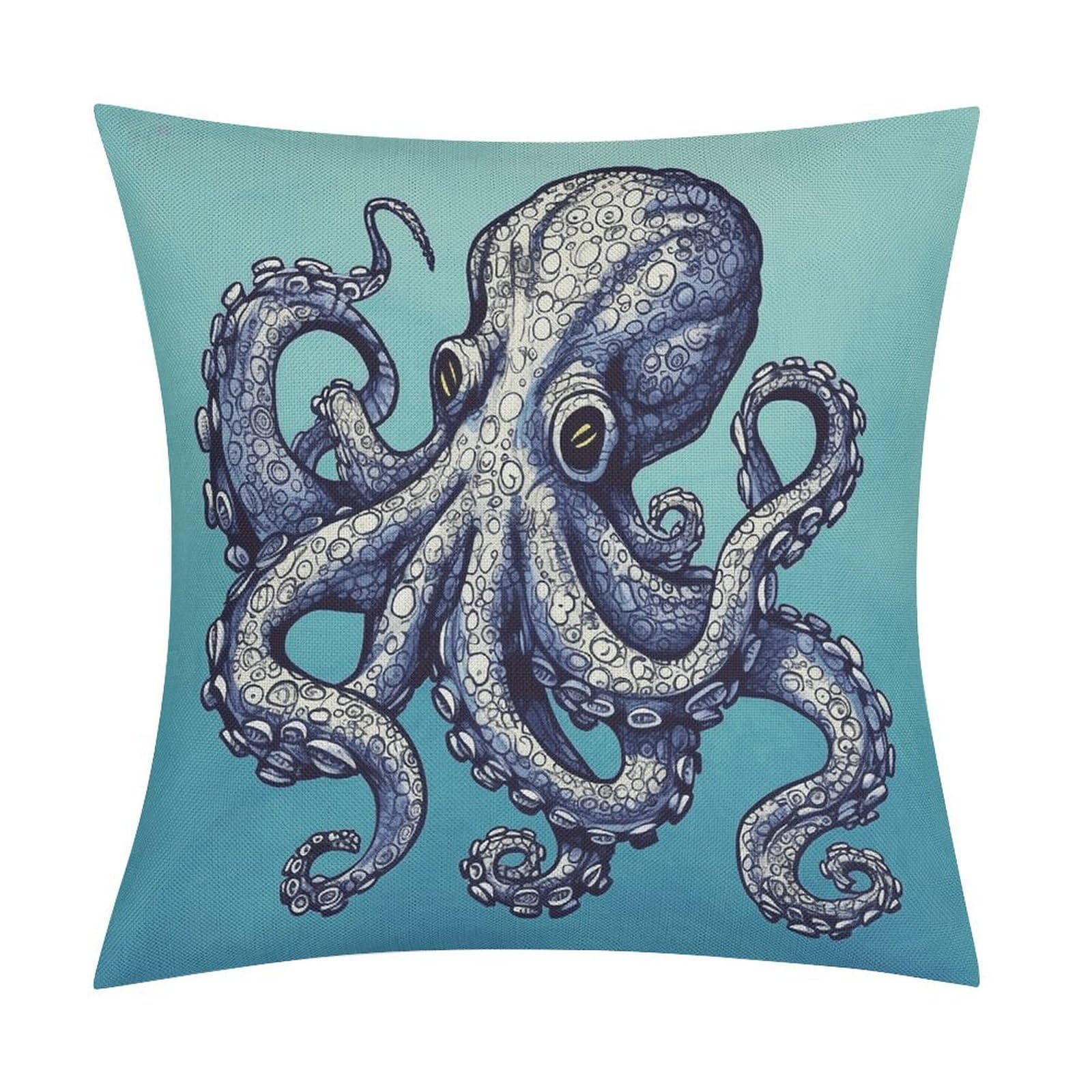 LZQPOEAS Octopus Design Throw Pillow Covers, Waterproof Faux Linen Pillow Cases with Invisible Zipper, Decorative Square Cushion Covers for Sofa Couch Living Room Bedroom 18x18 Inch