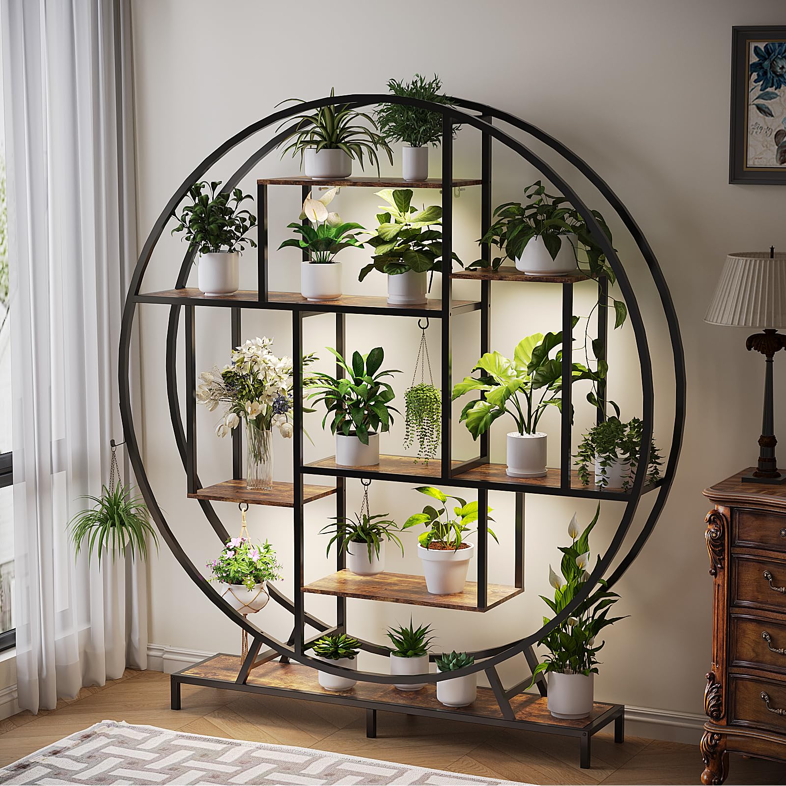 Bonnlo 7-Tiered Indoor Plant Stand with Grow Lights, 161CM Tall Plant Shelves with Hooks, Metal Flower Stand for Indoor, Patio, Living room, Coin-Shaped — image 1