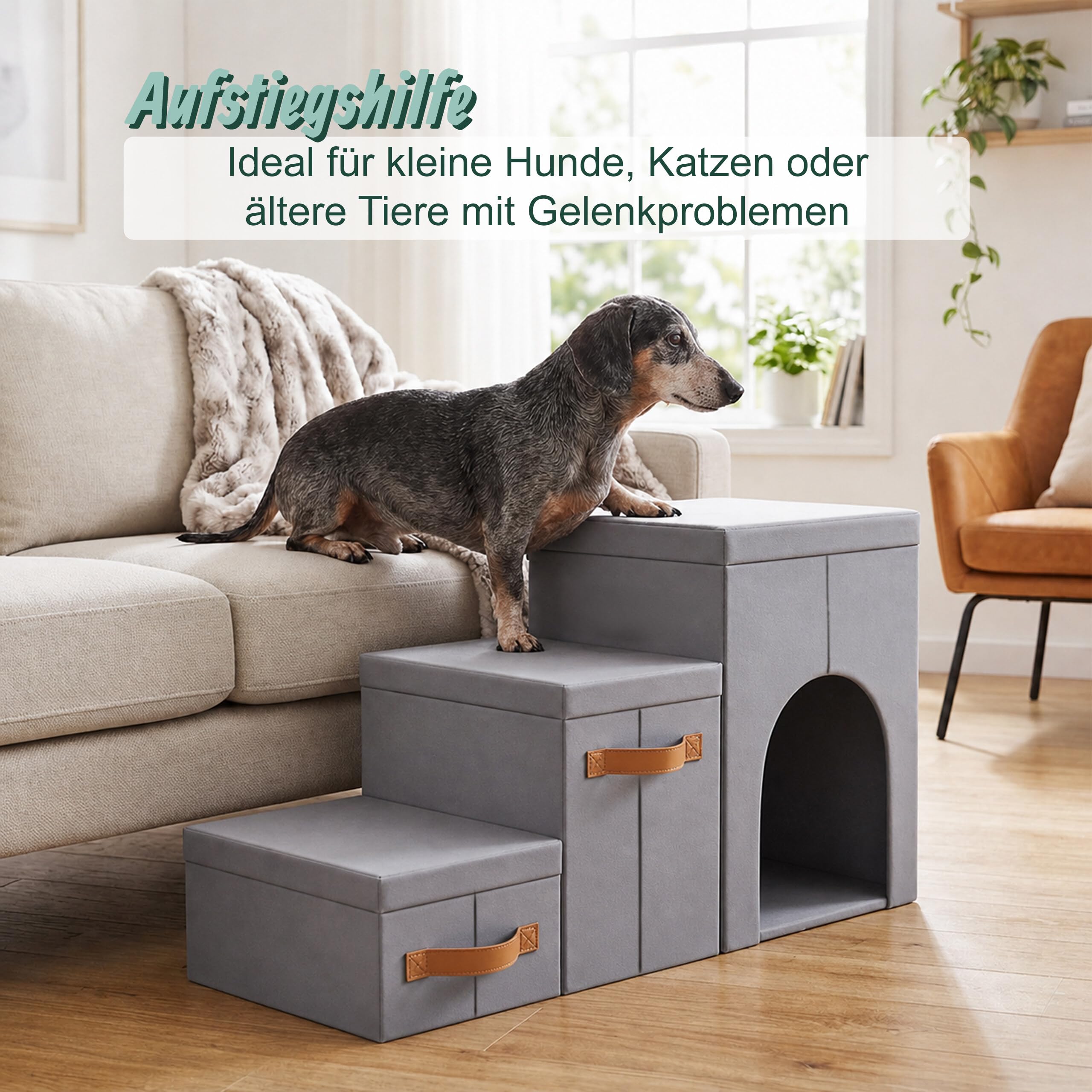 Relaxdays Hundetreppe, 3 Stufen, Höhle & Stauraum, HxBxT: 44,5 x 78 x 33,5 cm, faltbar, Hunderampe Bett & Sofa, grau