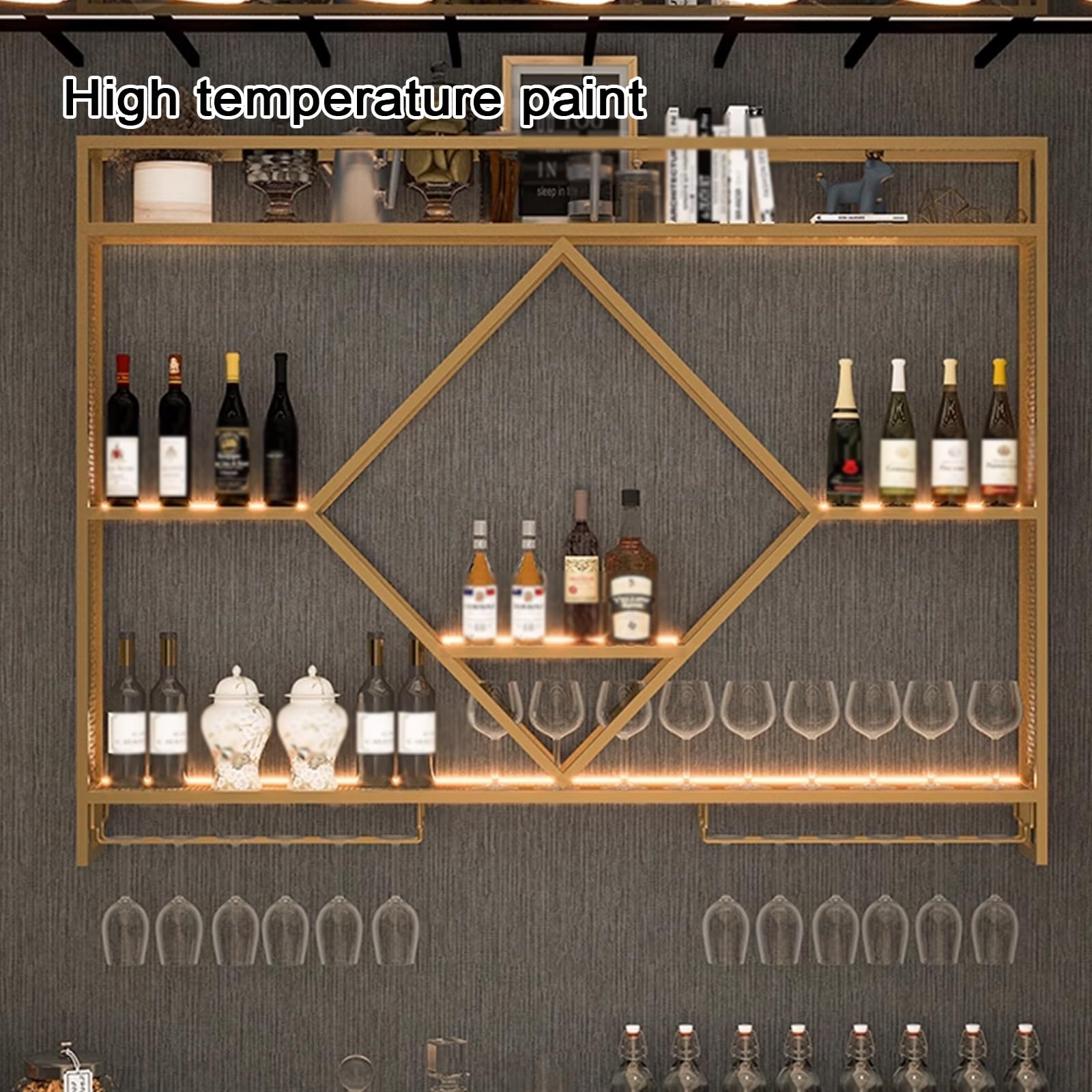 Botelleros Originales de Pared Botellero de Hierro Soldado Lacado, Botellero Vino Pared con Luz LED y Portavasos, for Bar Restaurante Club(Black,100 * 15 * 80cm)