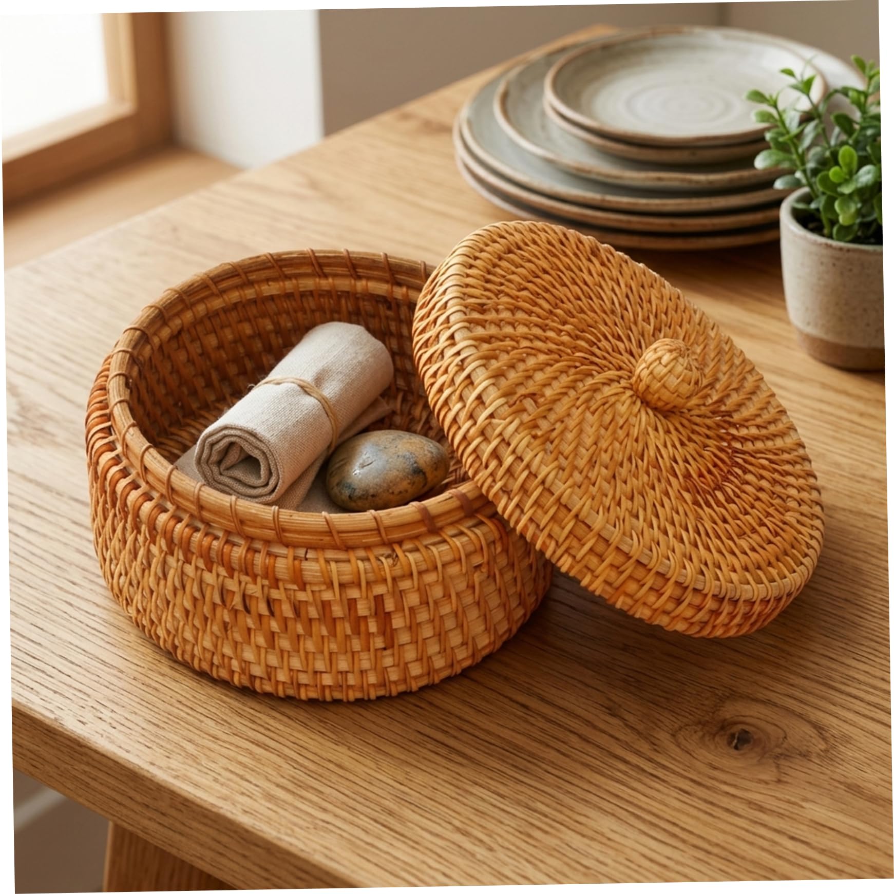 Wicker Basket with Lid, 14x8cm Round Natural Rattan Storage Box with Lid, Multi-Purpose Woven Shelf Baskets, Decorative Boxes for Keys, Snacks, Fruits