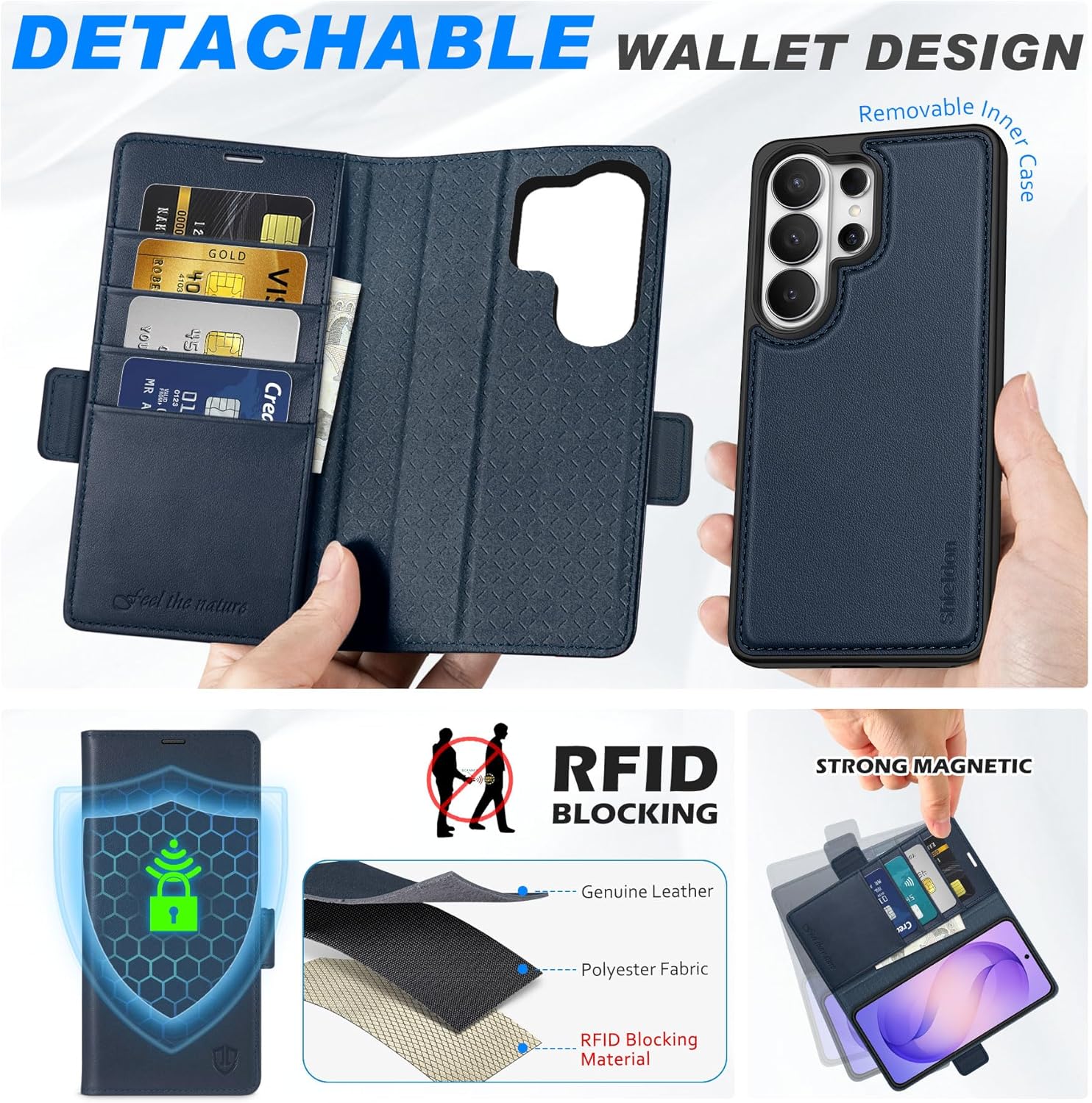 SHIELDON Detachable Case for Galaxy S26 Ultra 6.9-inch, Genuine Leather, Magnetic Wallet, RFID Blocking Card Slot, Kickstand, Shock-Absorbing Phone Holder, Not Support Wireless Charging - Navy Blue