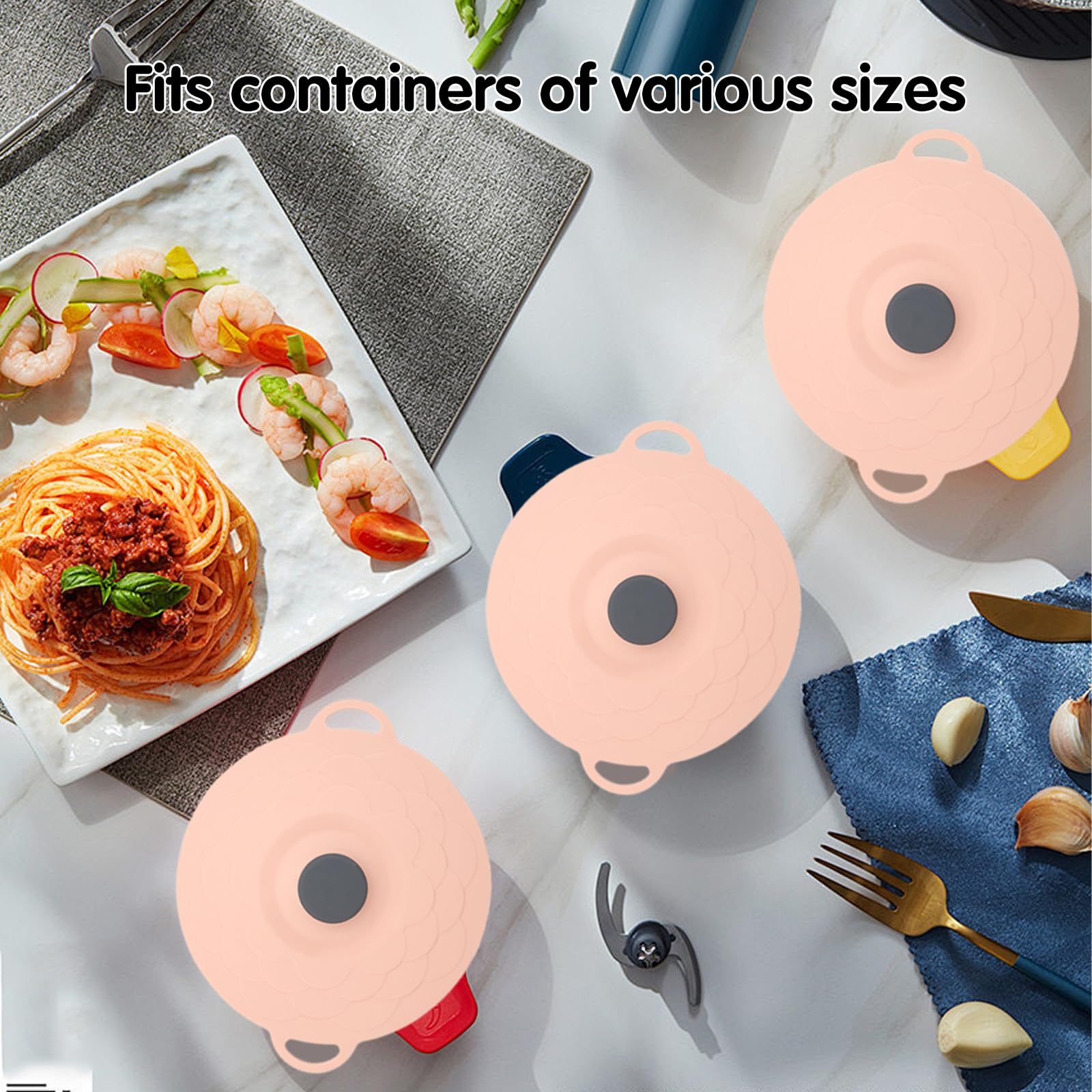 Coperchio in silicone, 5 pezzi, riutilizzabile, in silicone, 5 misure, antipolvere, resistente al calore, con effetto di aspirazione per cucina, Rosa