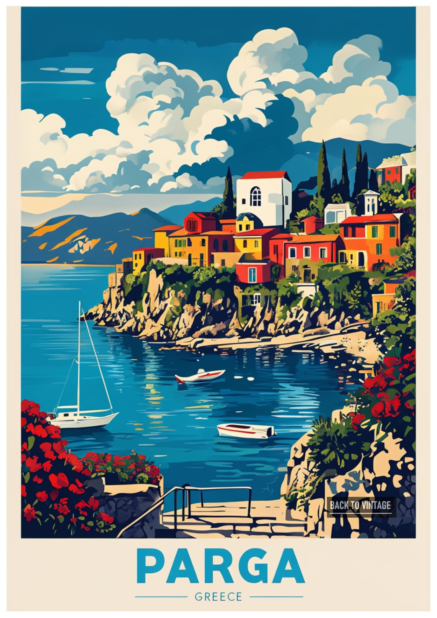 Back To Vintage Multicoloured Vibrant Illustration Of Parga Greece's Coastal Village - Retro Europe Travel Poster A4 Size Vintage Wall Art Print Of Famous European Destinations Ideal For Home Or Office Decor