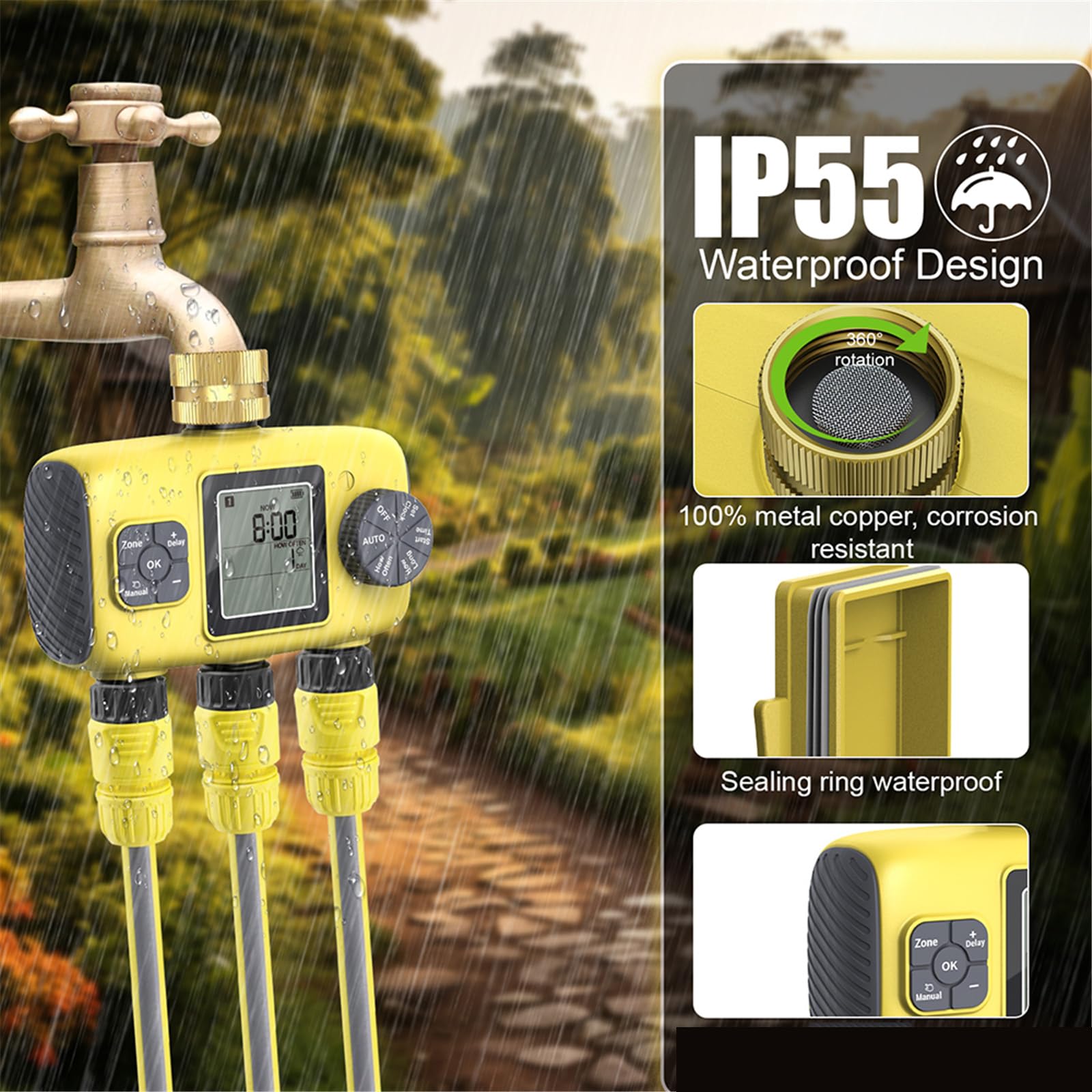 Tubo da giardino con timer per irrigazione a 3 zone, in ottone, per uso domestico e giardino