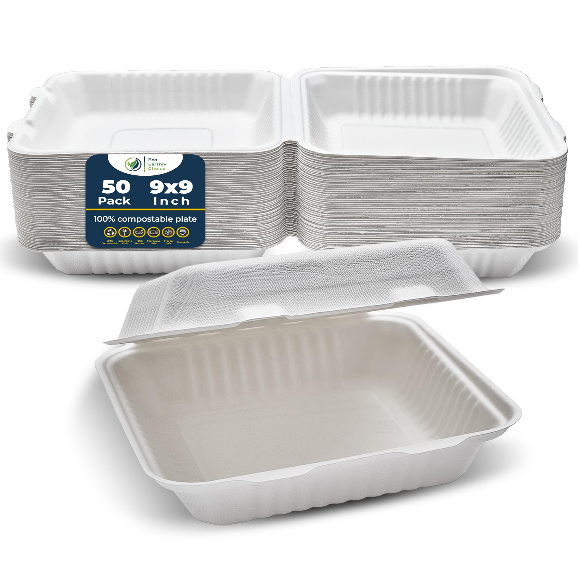 Eco Earthly Choice 9 Inch x 9 Inch Clamshell Pack of 50 Compostable Tableware 100% Eco-Friendly & Biodegradable Dinnerware Eco-Conscious, Disposable,