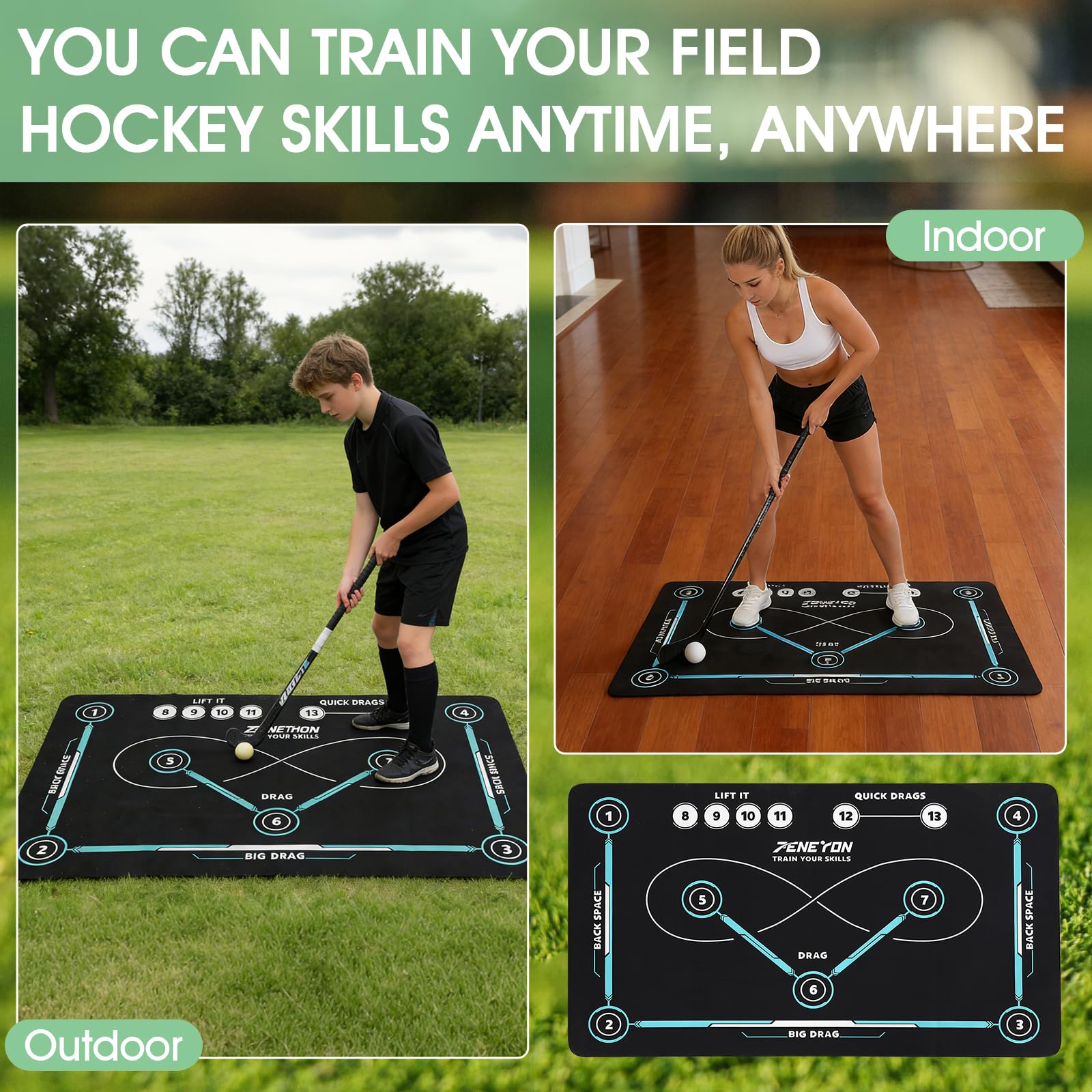 Esterilla de entrenamiento de hockey para interior y exterior, ayuda de entrenamiento de hockey, superficie antideslizante y silenciosa, accesorio de hockey para adultos y niños, 150 x 90 cm