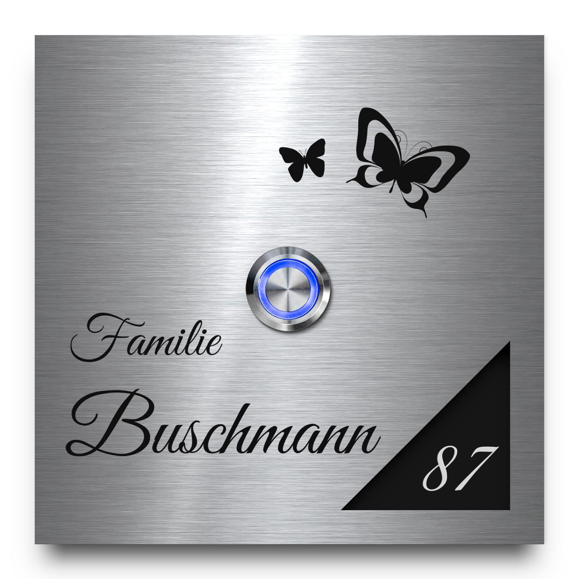 CHRISCK design - Edelstahl Türklingel mit Wunsch-Gravur Led-Beleuchtung und Motive 12x12 cm Klingel-Taster Namen Modell: Buschmann-AP