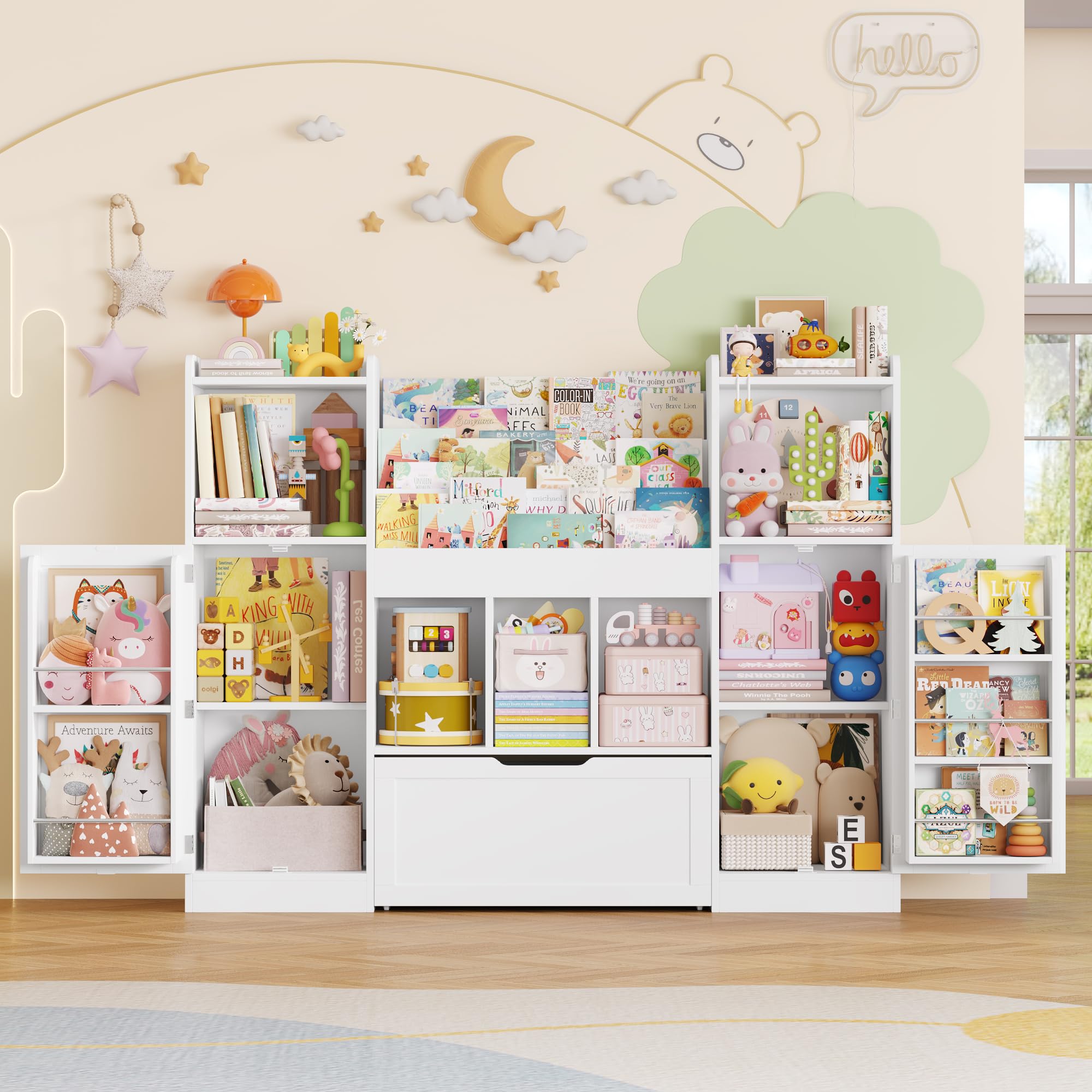 FOREHILL Libreria Montessoriana per Bambini, Organizer Giocattoli con Ripiani della Porta, Mobile Porta Giochi con Portariviste, 1 Cassetto con Ruote, 7 Scomparti Aperti, 140.3x30x108.3 cm (Bianco)