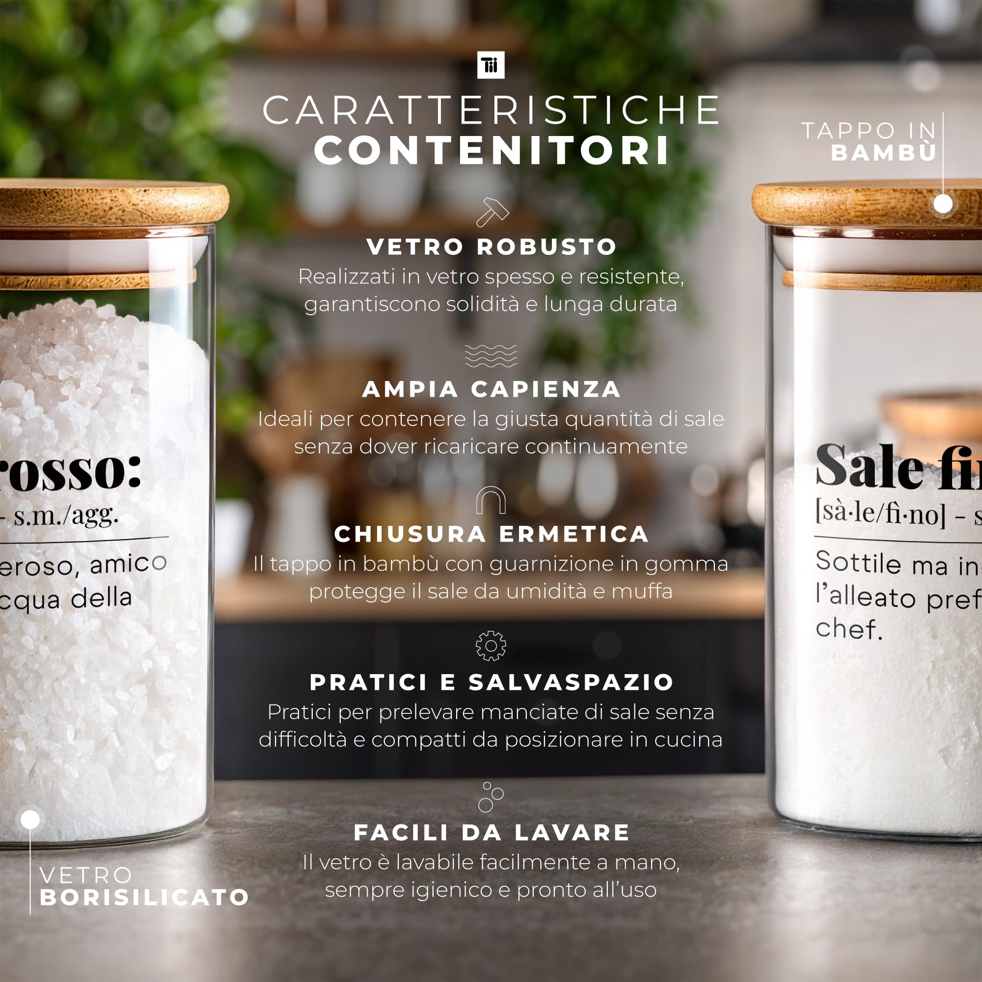 TUNDRA - Set 2 Barattoli Sale Fino e Grosso in Vetro Borosilicato con Chiusura Ermetica da 800ml - Porta Sale con Coperchio in Bambù, Contenitori Vetro Cucina Porta Spezie