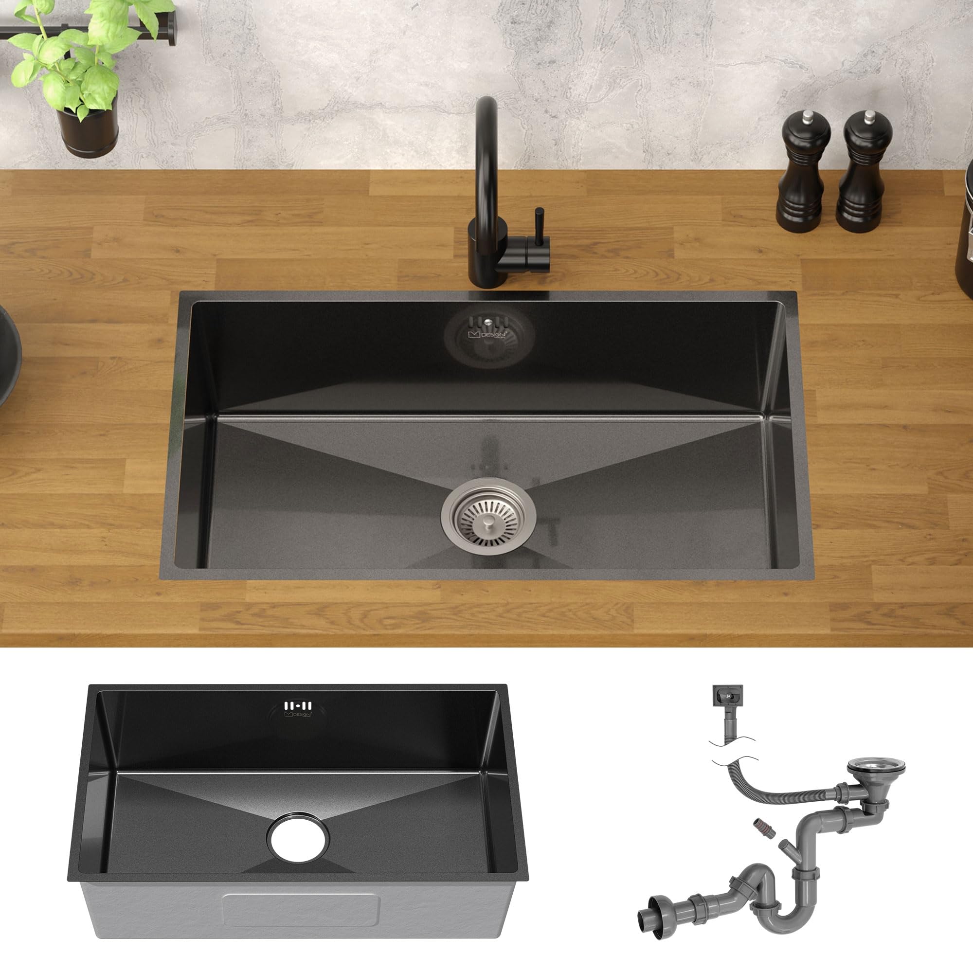 ML-Design Fregadero XXL de Cocina de un Seno 70x40 cm Antracita Lavabo Angular Sobre Encimera o Enrasado con Juego de Desagüe y Rebosadero Cubeta de Acero Inoxidable Anti-condensación