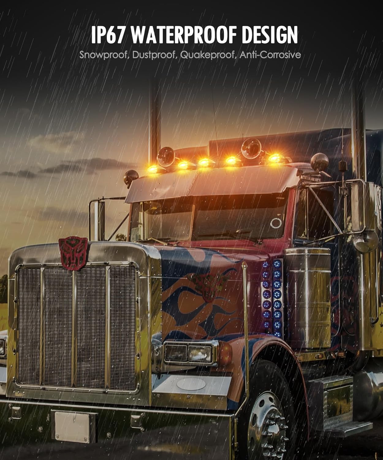 Partsam 5Pcs Amber Torpedo Cab Marker, LED High/Low Brightness Chrome Roof Running Lights Assembly Clearance Lights Compatible with International/Peterbilt/Freightliner/Mack, DOT Compliant