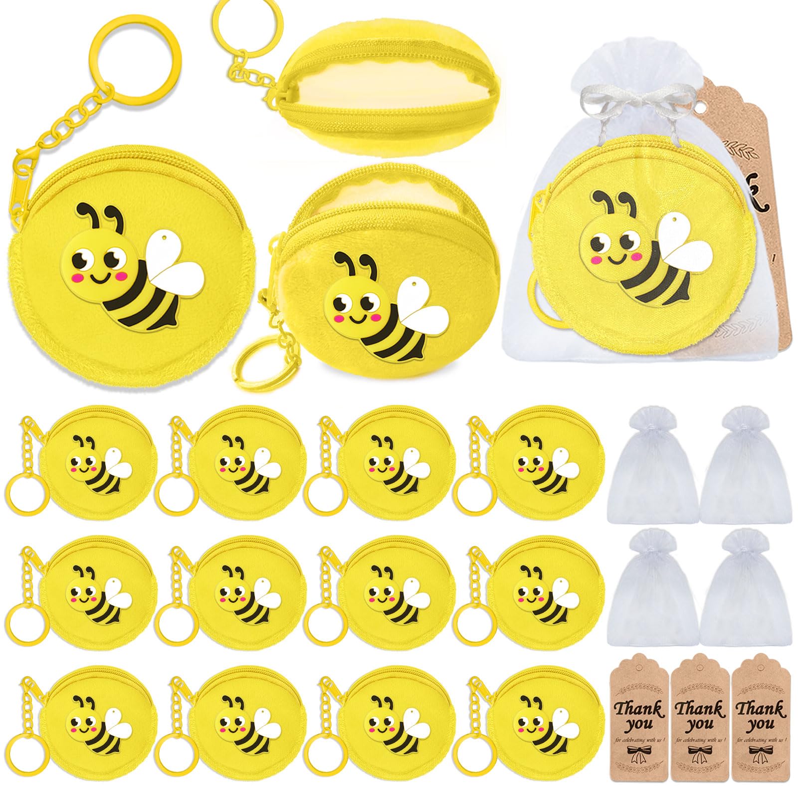 Elecrainbow 36 Pack Bee Change Coin Purses Set Include 12 Bee Wallets with Keyrings, 12 Thank You Tags and 12 Organza Bags for Honey Bee, Bumble Bee,