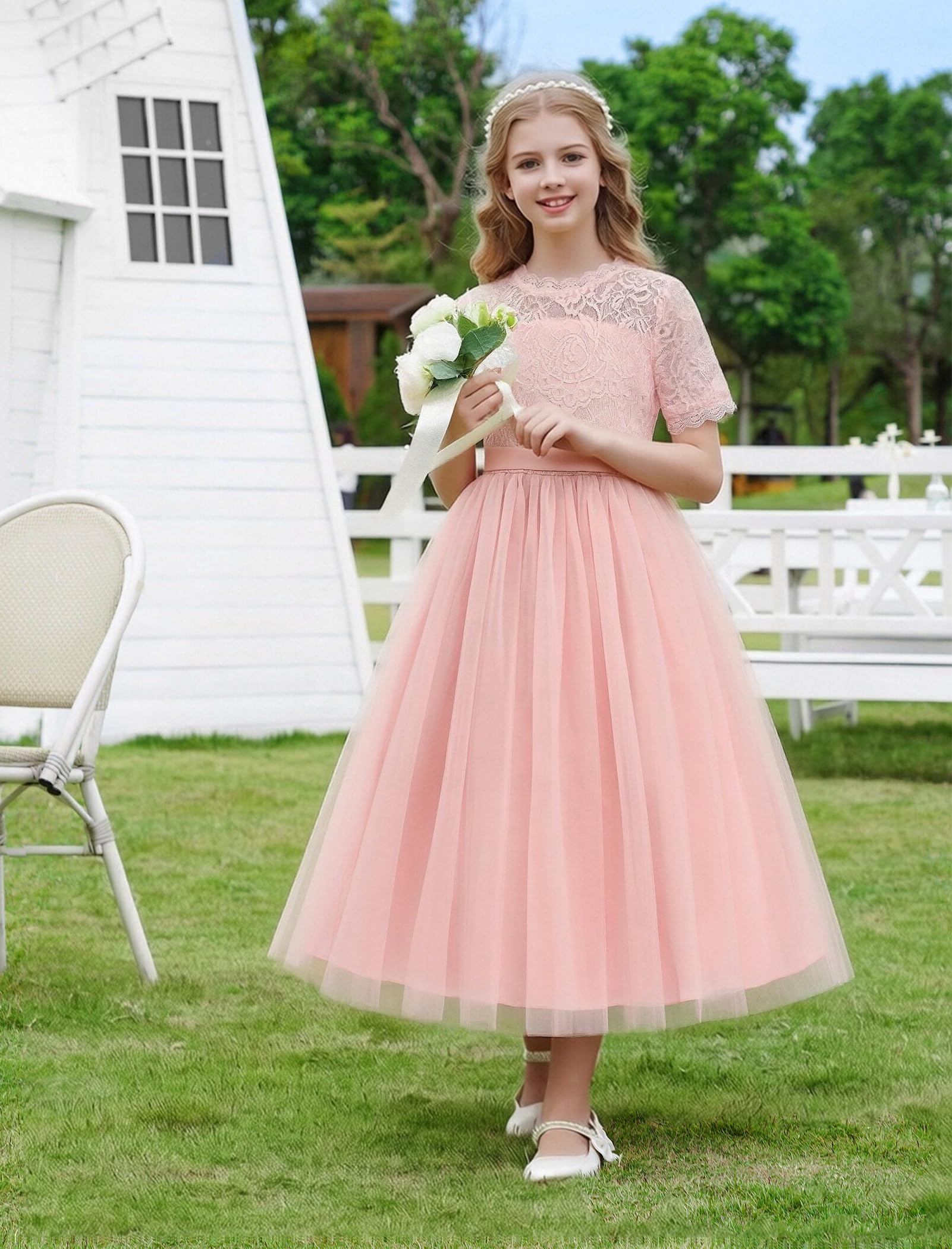Vestido de encaje de manga corta para niñas, cuello redondo, tutú de tul, vestido de princesa, para cumpleaños, dama de honor, boda, fiesta, concurso, primera comunión, vestido de graduación