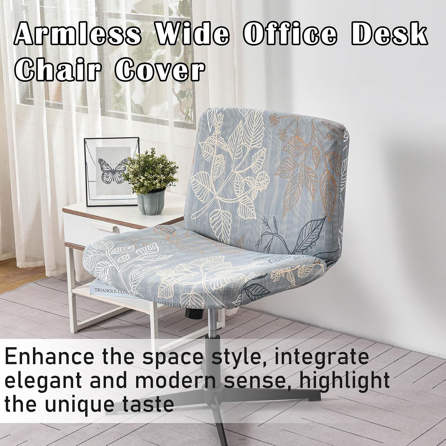 Mid Back Wide Chair Cover Printed Armless Office Chair Slipcover Stretch Cross Legged Chair Covers Computer Desk Chairs Protector Grey Leaf