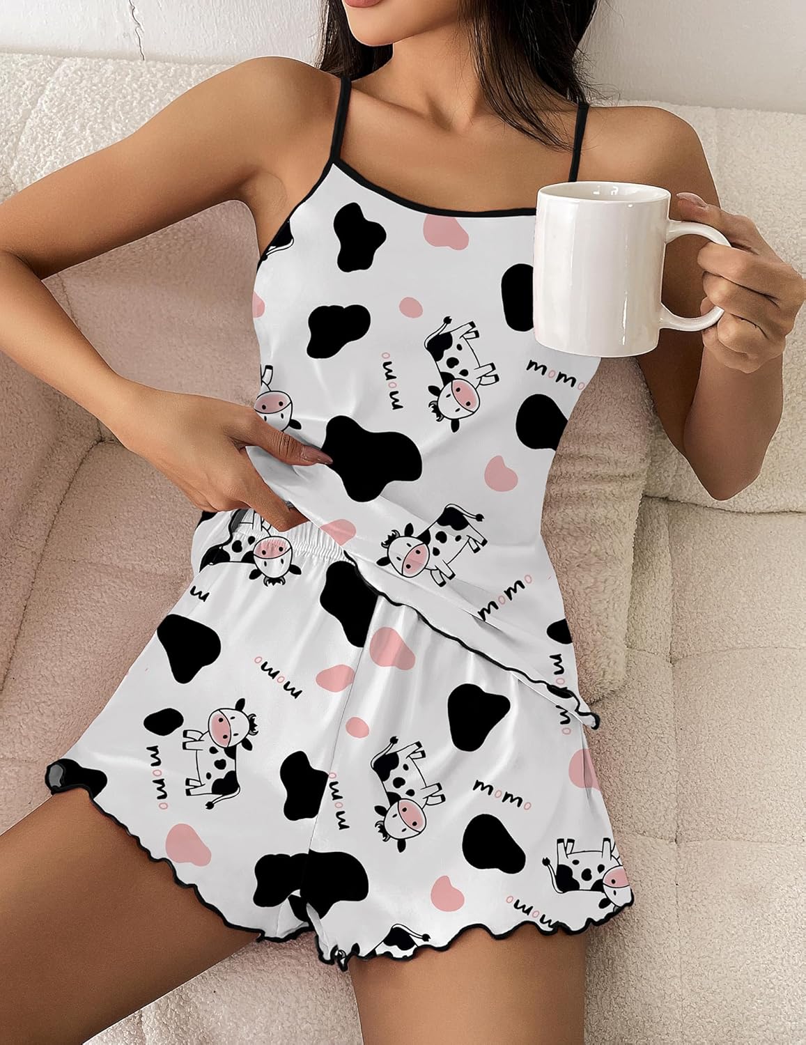 Ekouaer Womens Cami Pajama Sets 2 Piece Cute Print Pjs Soft Tank Top & Elastic Waist Shorts Camisole Lounge Set - Image 3