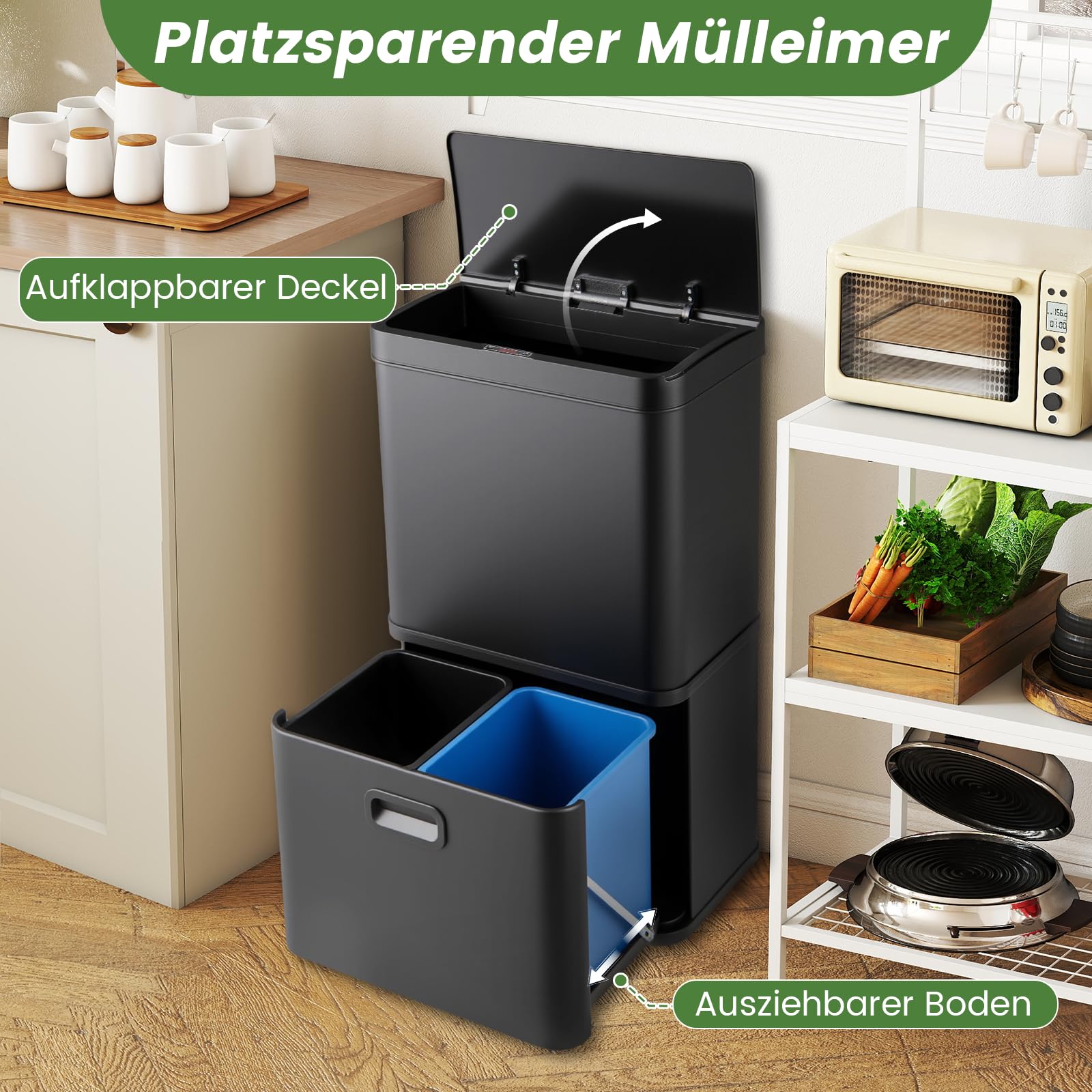 COSTWAY Mülleimer 3 Fächer, 56L Mülltrennsystem inkl. 2 ausnehmbaren Abfallbehältern, 2 x 10L + 36 L, elektrischer Abfalleimer mit Sensor & Softclose-Deckel, für Küche, Büro (Schwarz)