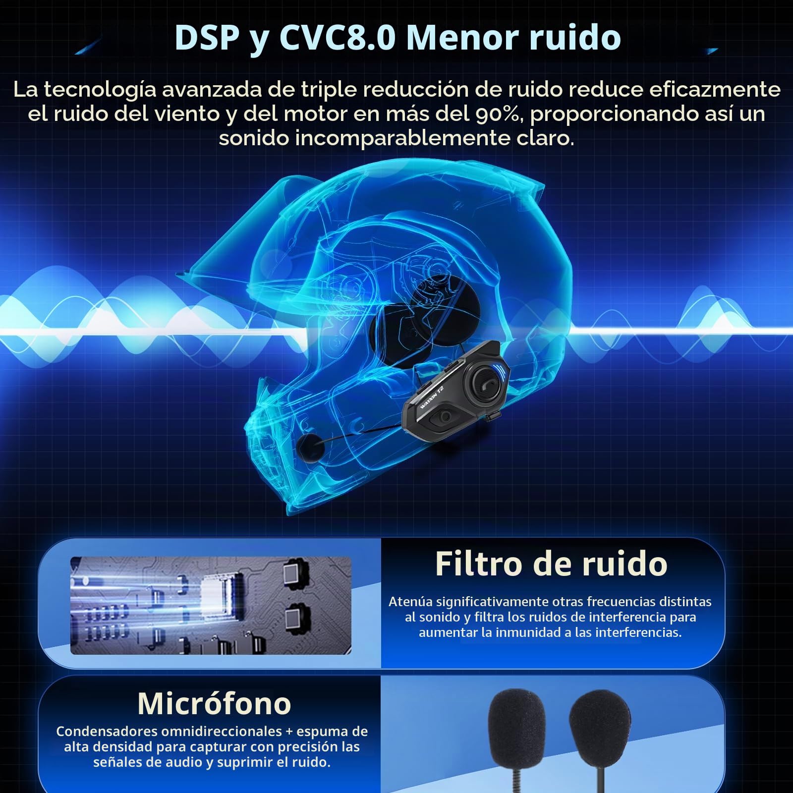 T2 - Auriculares de moto con intercomunicador, sistema de comunicación para 2 personas en un alcance de 300 m, con asistente de voz, manos libres, control de llamadas de música (2 unidades)