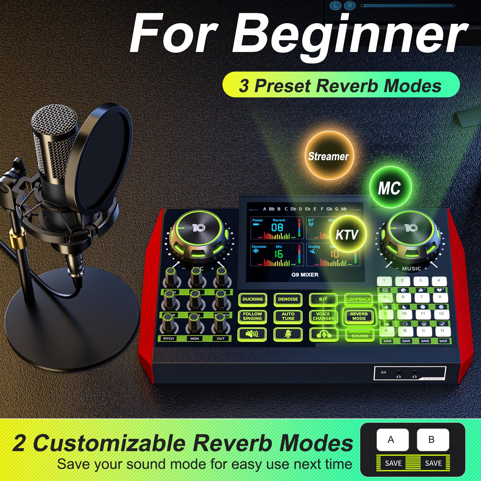 TENLAMP G9 Podcast-Equipment, Audio-Interface mit Soundeffekten, 3,5mm Kondensatormikrofon-Set, Tischstativ, Hall-Regler, Stimmenverzerrer, Rauschunterdrückung, Monitoring, für PC, Handy, Streaming
